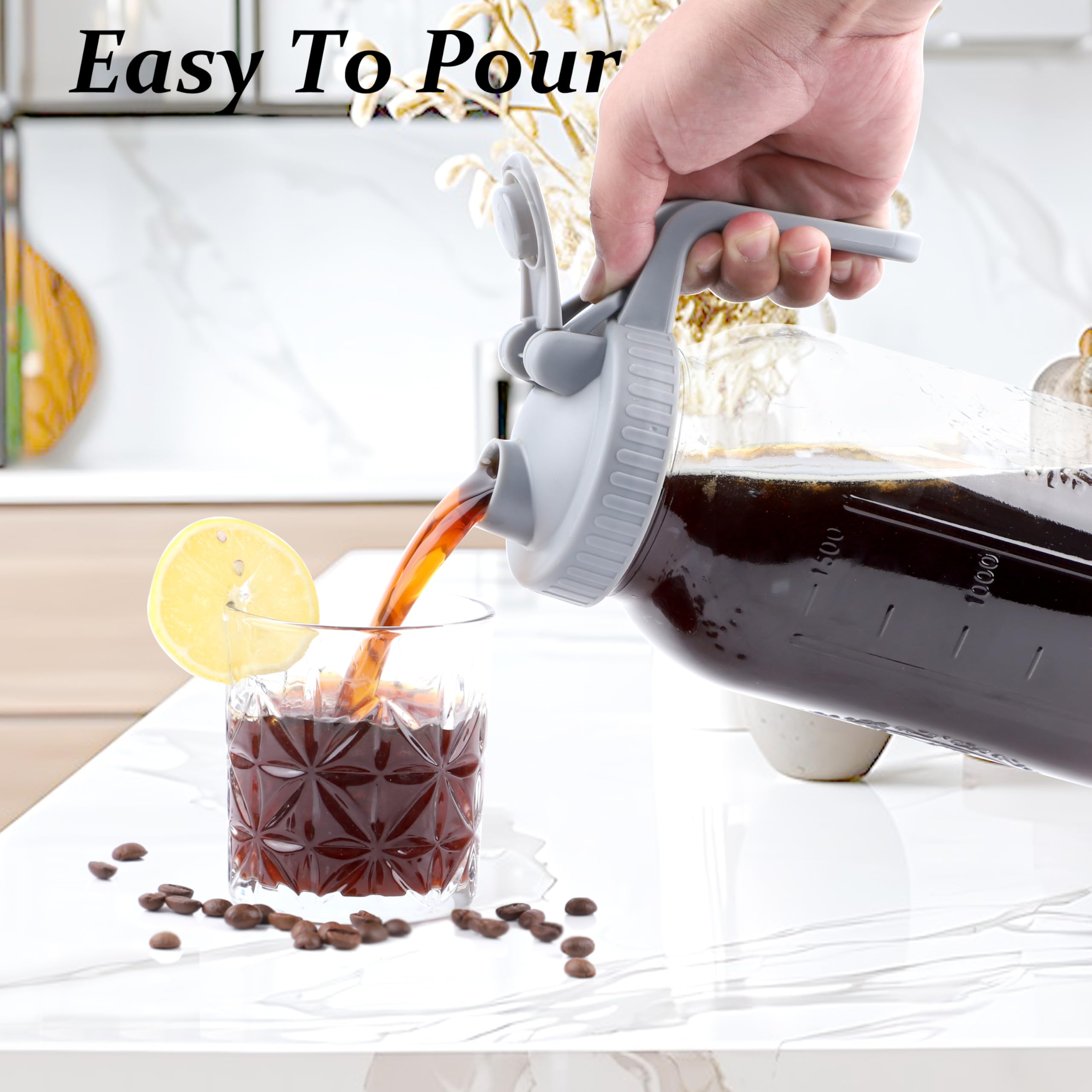 Premium 64 Oz Cold Brew Coffee Maker Set - 2 Half Gallon Wide Mouth Glass Pitchers with Stainless Steel Strainer & Spout Lids - Perfect for Iced Coffee, Tea, Lemonade, and Refrigerator Storage - Ideal for Home, Office, and Outdoor Use