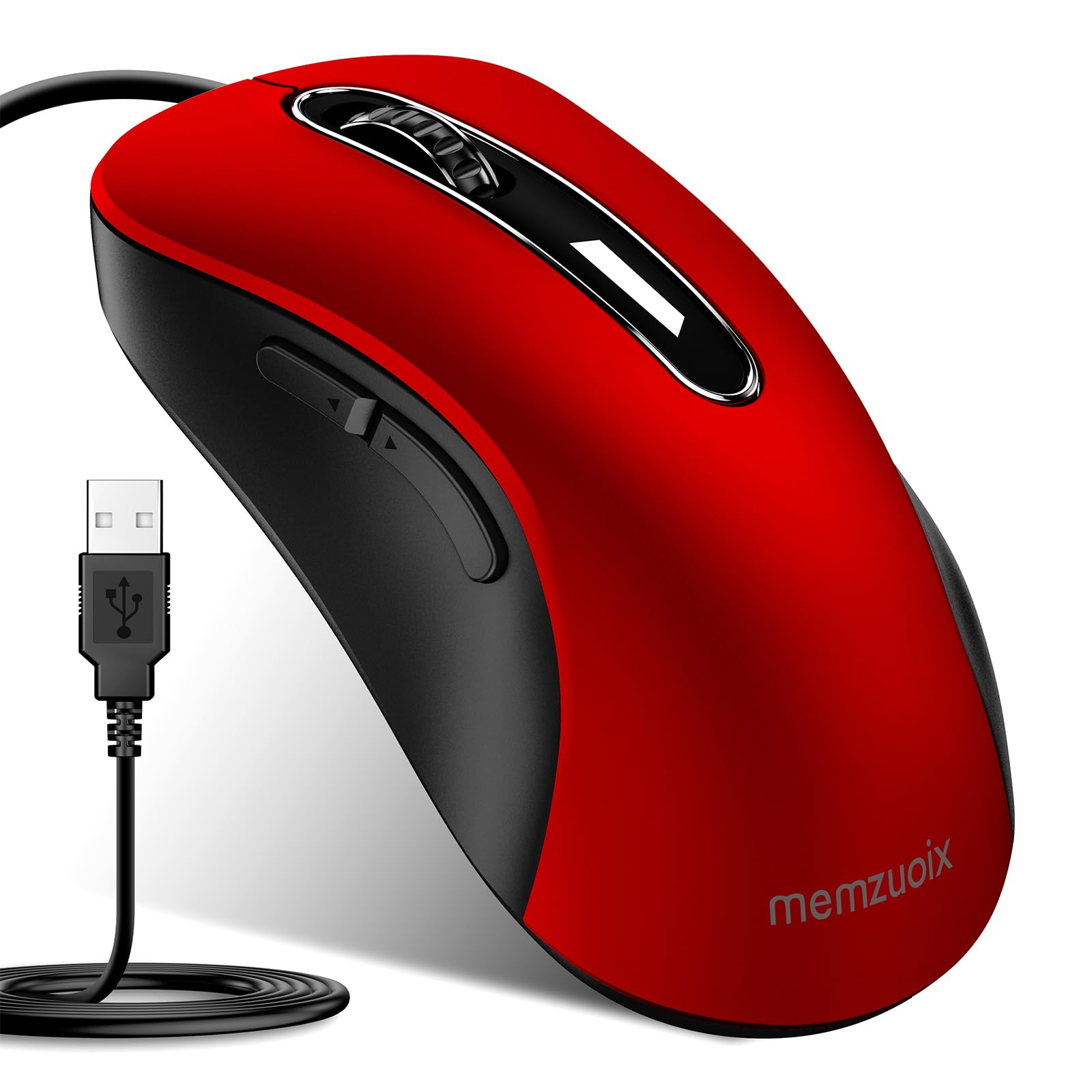 Memzuoix Wired USB Mouse - 1200 DPI Ergonomic Optical Computer Mouse with 5FT Cord for Laptop, PC, Desktop, MacBook, 5 Buttons (Pomegranate Red) - Perfect for Office, Gaming, and Home Use