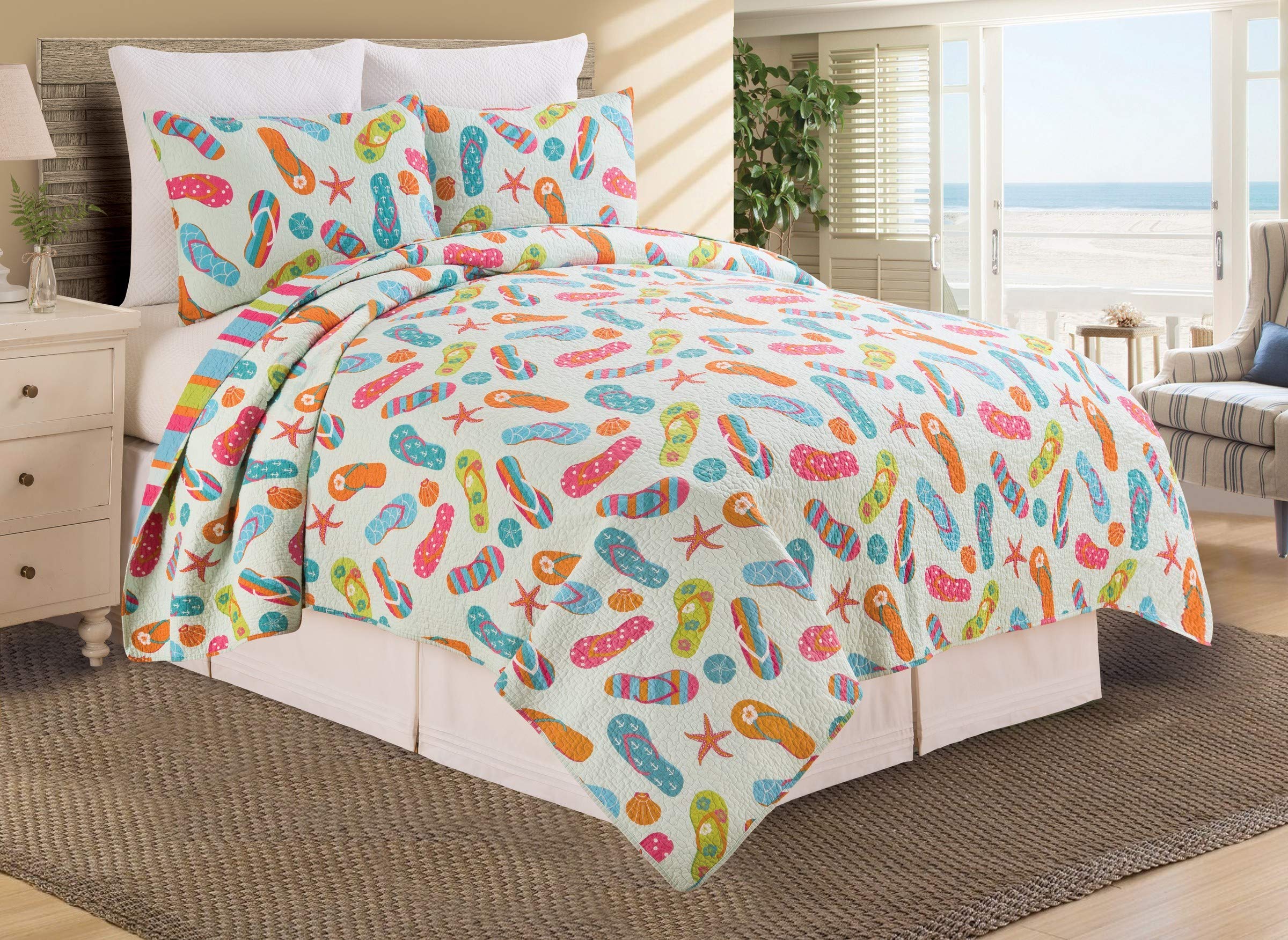 Reversible Coastal Tropical Beach Quilt Set - Full/Queen 3-Piece Blue Bedspread Coverlet for Spring & Summer | C&F Home Flip Flop Life Collection | Perfect for Beach House, Guest Room & Vacation Home Decor