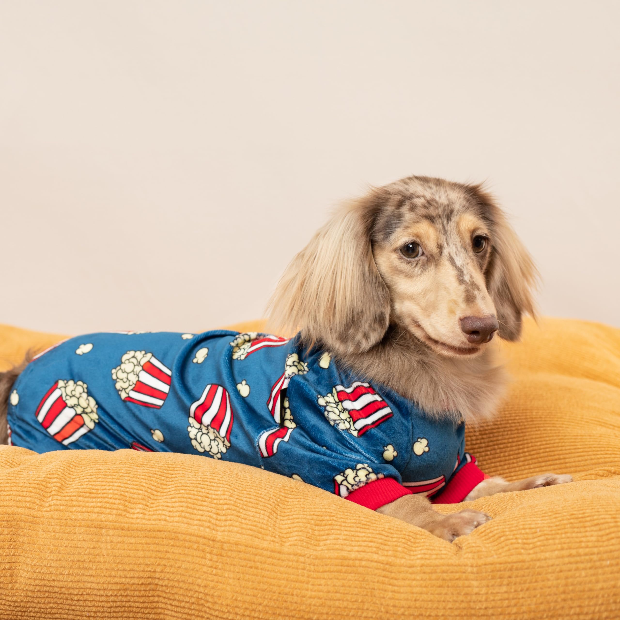 Fitwarm Popcorn Dog Pajamas - Funny Fleece Pet Onesie with Feet for Small Dogs (Blue, Red, White, Yellow, Medium) - Cozy Winter Sleepwear for Puppies & Indoor Lounging