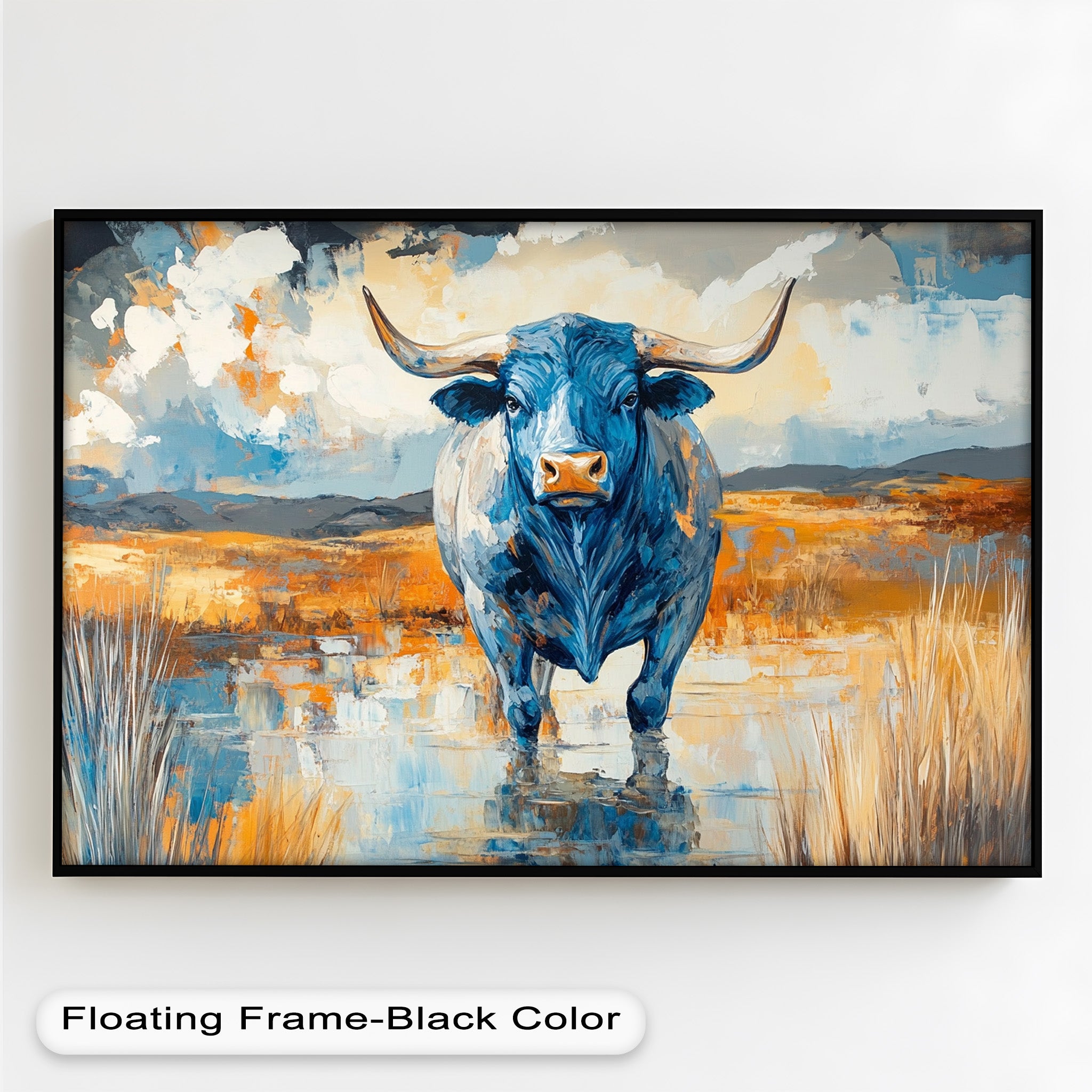 Blue Desert Bull - Hand Painted Animal Oil Canvas Artwork | Western Wildlife Decor for Living Room, Bedroom & Office