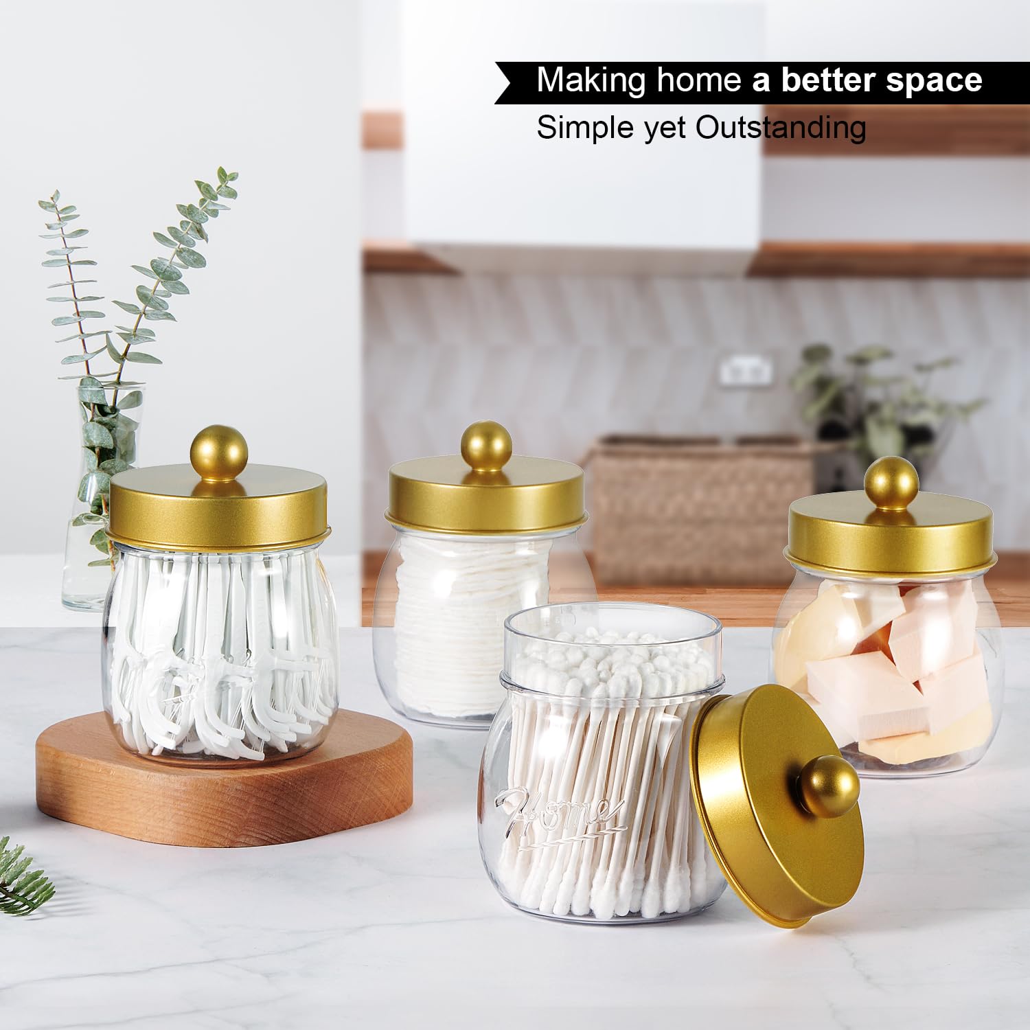 SheeChung 3-Pack Glass Apothecary Jars with Lids - Rustic Cotton Swab & Floss Pick Organizer for Bathroom Vanity, Farmhouse Decor - Gold Mason Jar Set for Home Storage & Organization (Perfect for Countertop Display & Bathroom Essentials)
