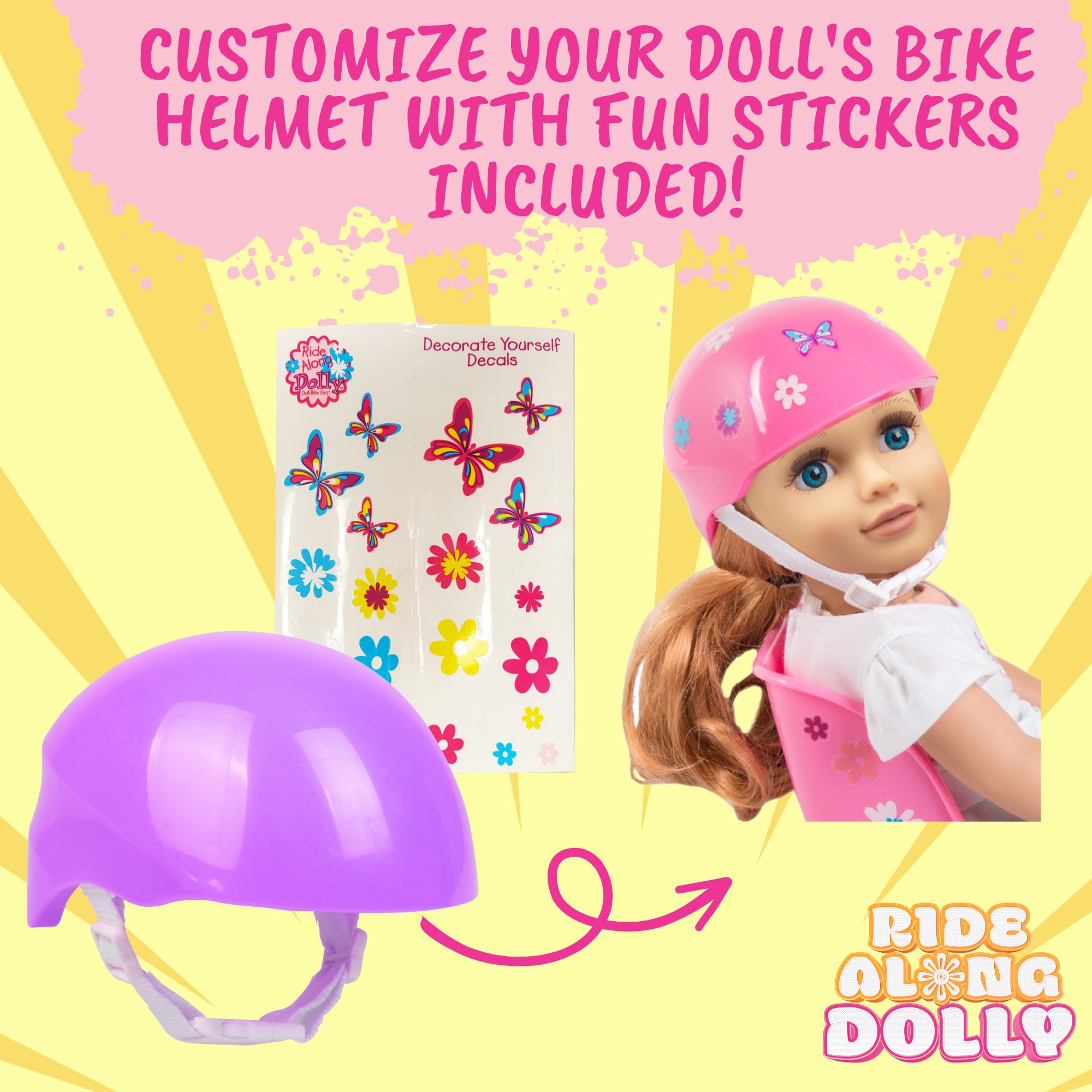 Pink Bike Helmet for 18 Inch Dolls - Cute Doll Bicycle Helmet with Decorative Decal Stickers Accessory - Perfect for American Girl Dolls & DIY Toy Accessories