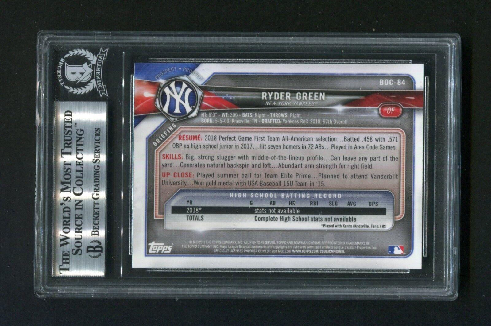 2018 Bowman Chrome Draft Ryder Green #BDC84 BGS Graded Autographed Rookie Baseball Card - Perfect for Collectors, Investors & Sports Memorabilia Enthusiasts