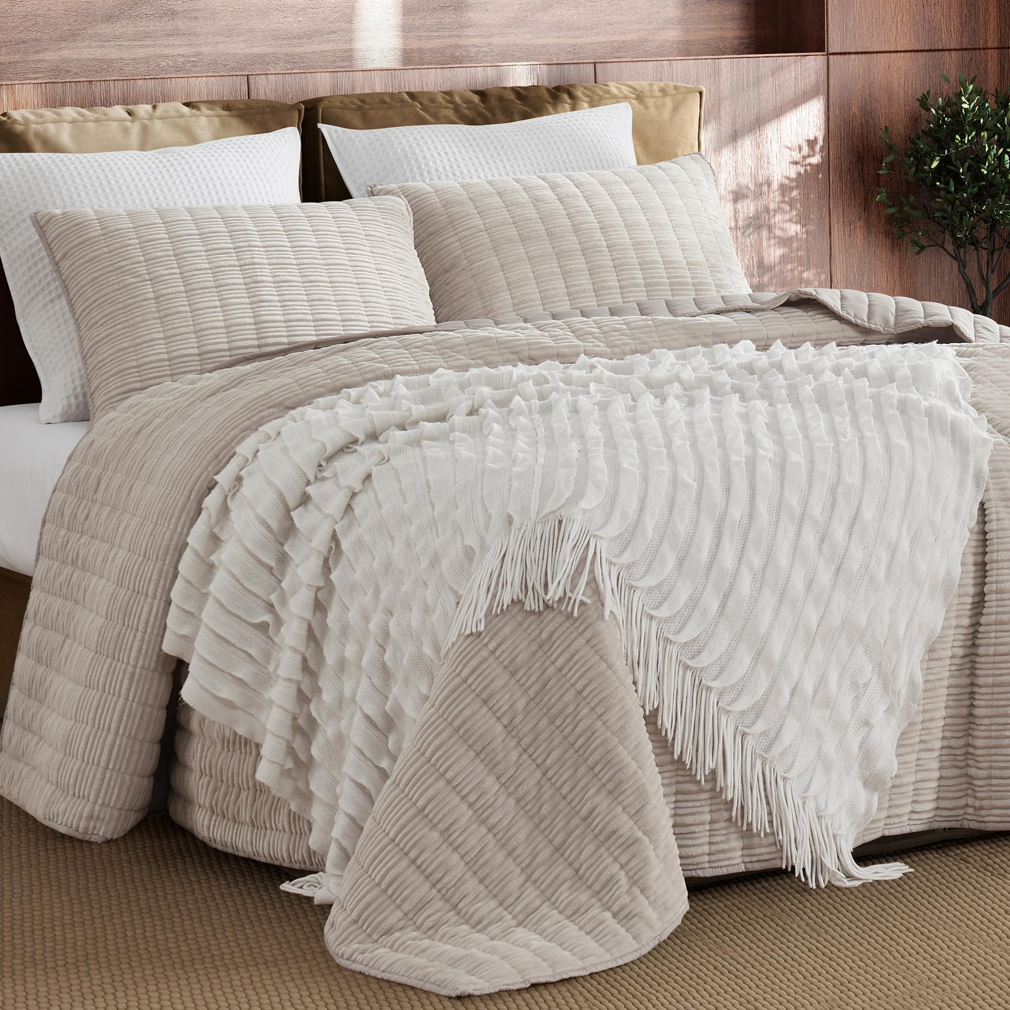 SHALALA King Size Corduroy Quilt Set - 3 Piece Striped Bedding with 2 Pillow Shams | Soft Lightweight All-Season Beige Bedspread for Master Bedroom & Guest Room Decor