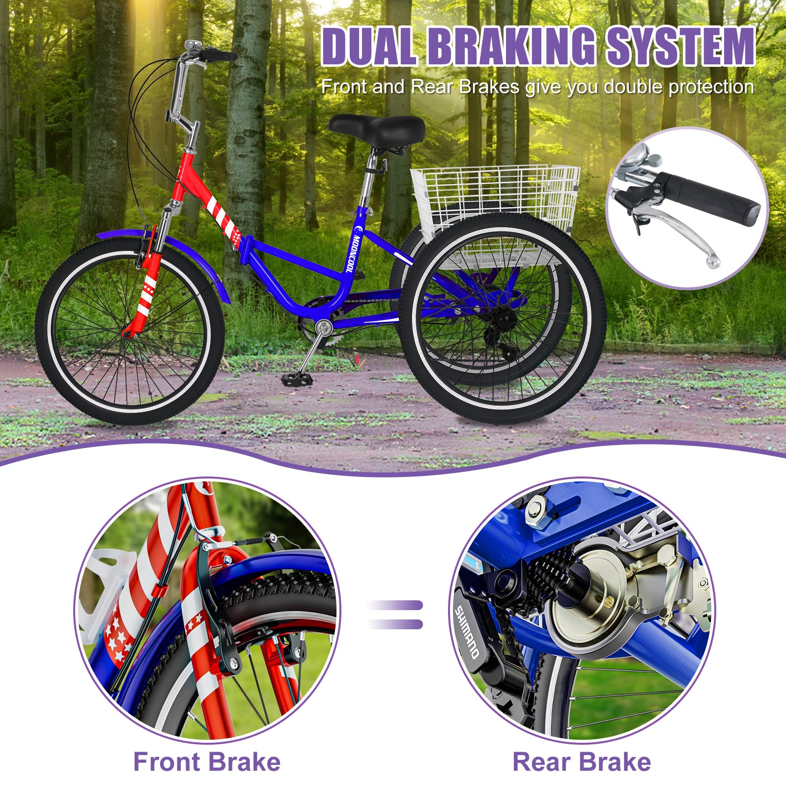 DoCred 7-Speed Folding Adult Tricycle - 20/24/26 Inch 3-Wheel Cruiser Bike with Cargo Basket - Foldable Three-Wheel Bike for Men, Women & Seniors - Perfect for Exercise, Shopping & Outdoor Recreation