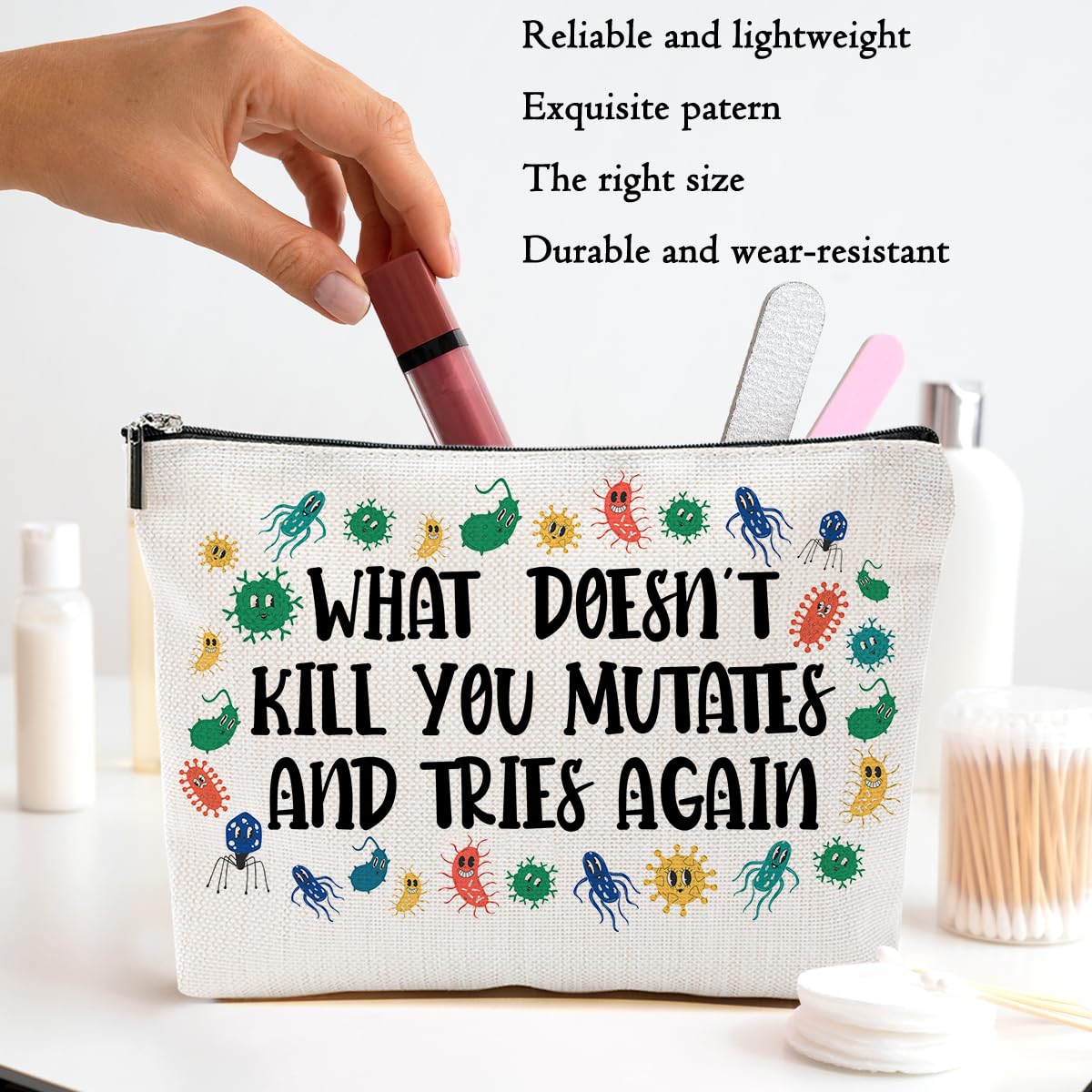 Funny Science Teacher Gifts - Microbiologist Themed Cosmetic Makeup Bag for Women | Perfect for Christmas, Thanksgiving, Birthday & Teacher Appreciation | Great Gift for Friends, Sisters & Coworkers | Cute Toiletry Bag for Travel & Daily Use
