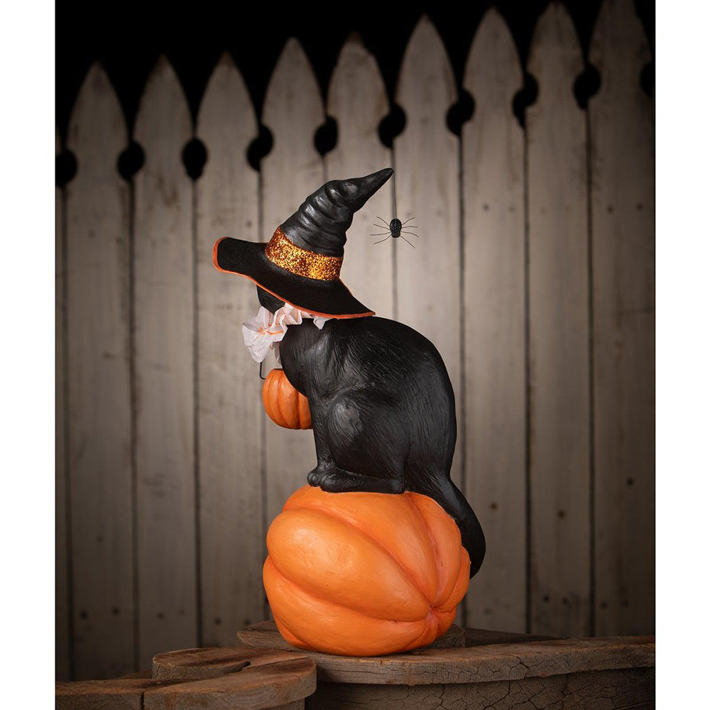 Halloween Cat Witch on Pumpkin Statue by Bethany Lowe Designs - Spooky Home Decor for Halloween Party & Fall Festival Decorations