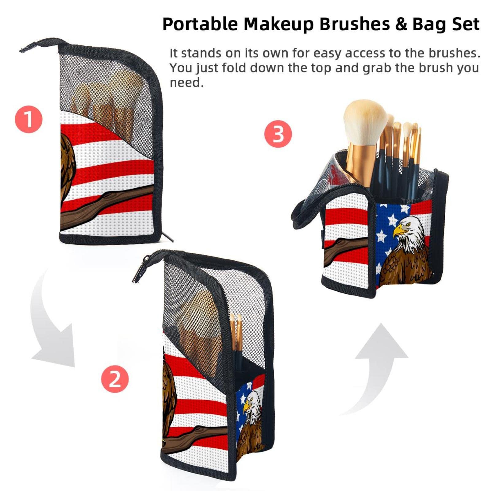 American Flag Makeup Brush Organizer Bag with 12 Brushes - Portable Travel Cosmetic Brush Holder Case with Eagle Design - Perfect for Makeup Artists, Travel & Home Vanity Organization