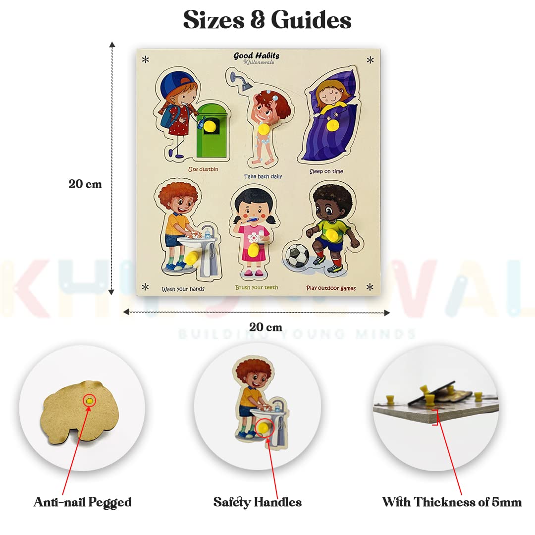 Wooden Good Habits Puzzle for Kids - Educational Learning Toy for Toddlers & Preschoolers - 20cm x 20cm Jigsaw Puzzle - Perfect for Home, Classroom & Montessori Activities