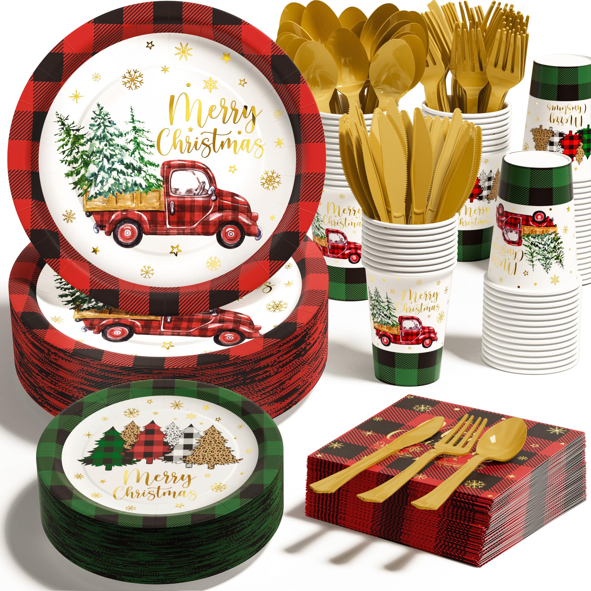 350-Piece Christmas Party Disposable Dinnerware Set - Buffalo Plaid Paper Plates, Napkins, Cups & Plastic Cutlery (Forks, Knives, Spoons) for 50 Guests | Holiday Tableware for Xmas Decorations, Birthday Parties & Festive Gatherings