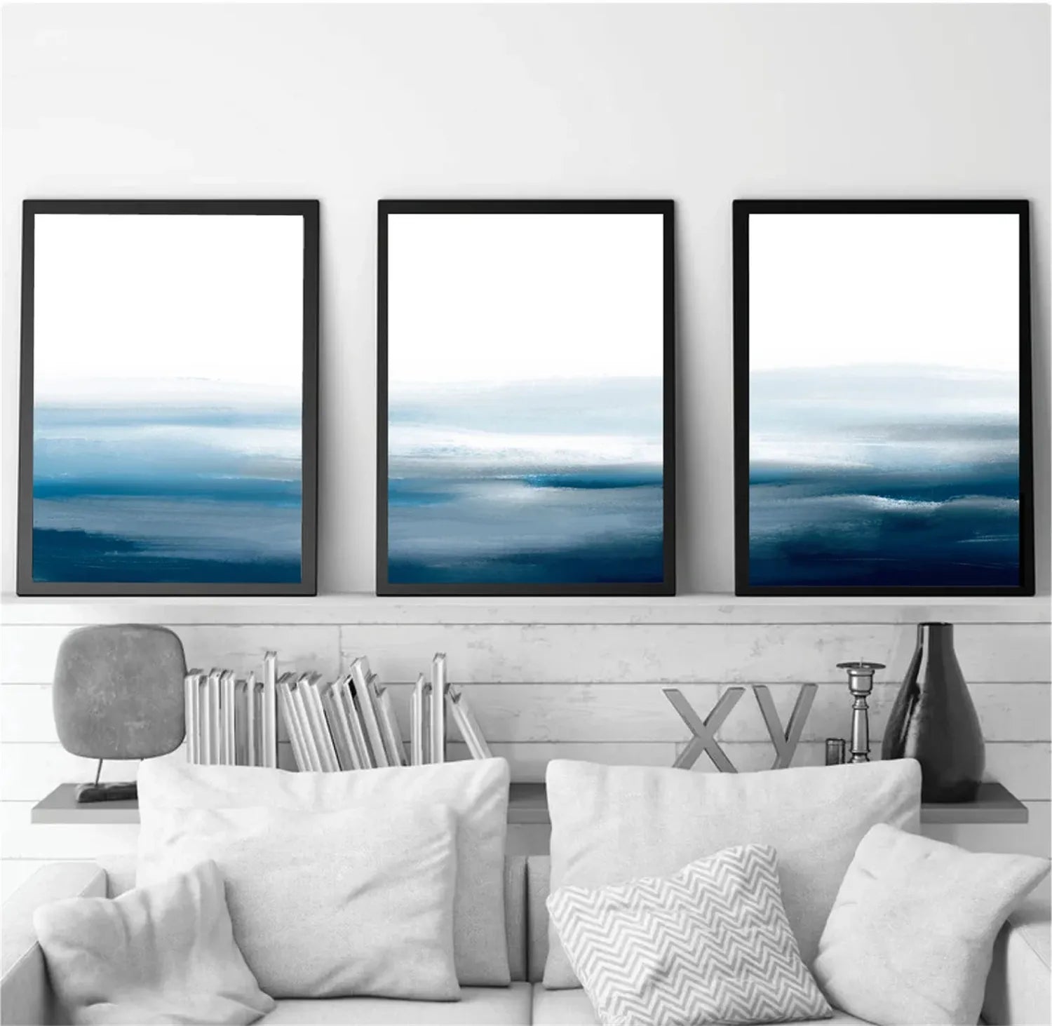 Ocean and Sky Wall Art Set of 3 - Coastal Beach Decor Paintings for Living Room, Bedroom & Office - Modern Seascape Canvas Prints (OS 213)