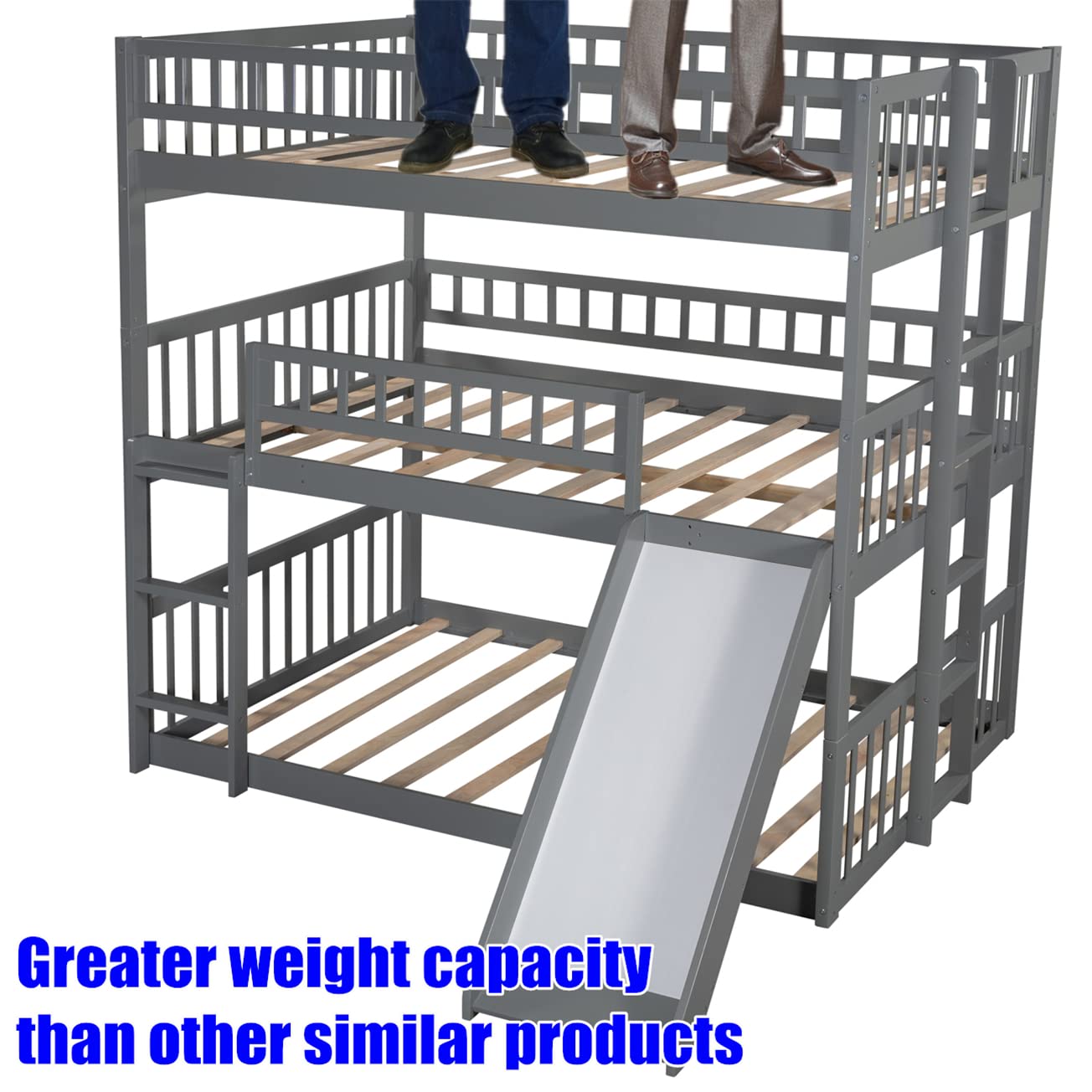 Sturdy Triple Bunk Bed with Slide for Kids - Gray Solid Wood | Space-Saving for Small Rooms