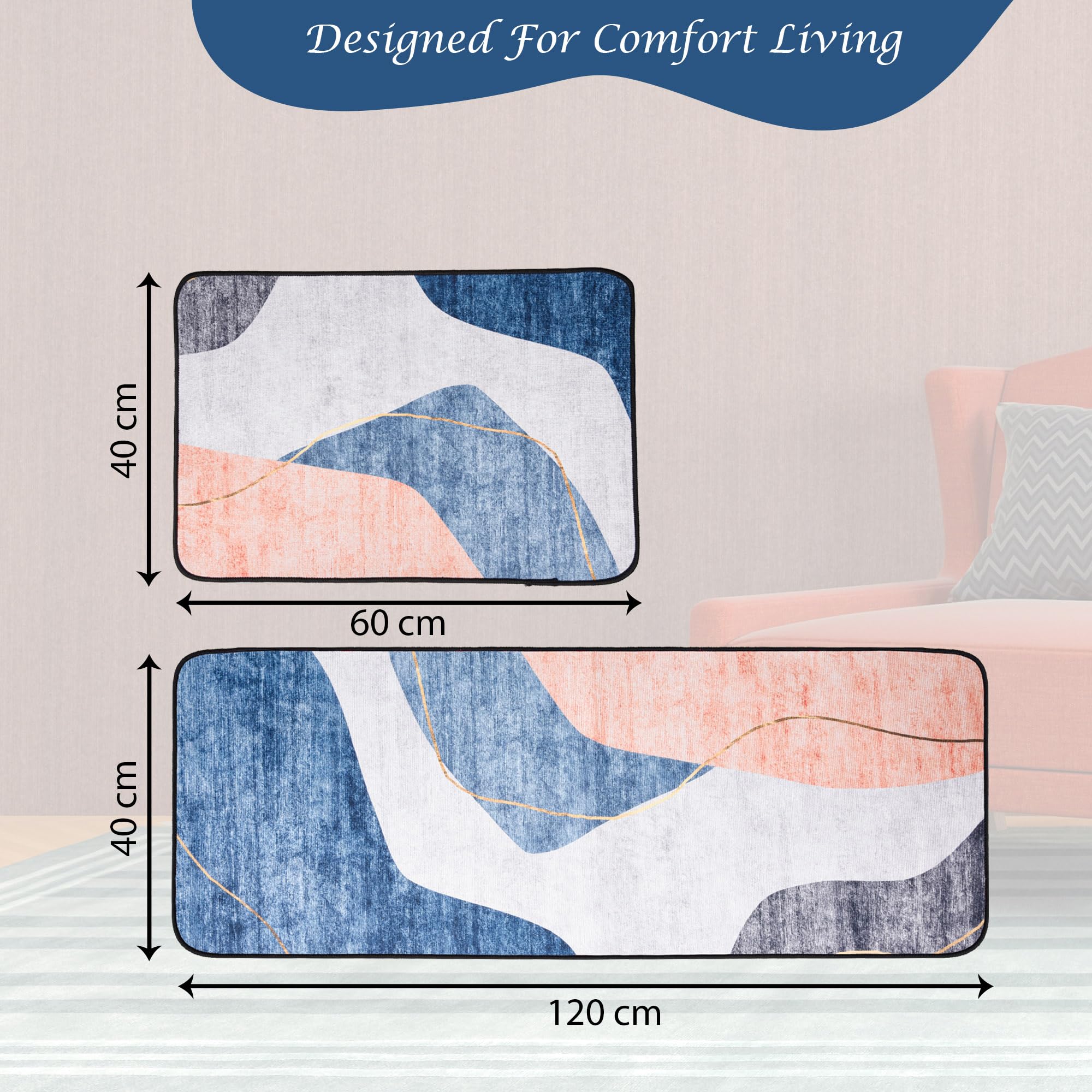 Kuber Industries 2-Piece Non-Slip Absorbent Kitchen Rug Set - Anti-Fatigue Floor Mats for Sink, Stove & Counter Areas - Washable Non-Woven Door Mats in Blue & Orange (HY097) - Perfect for Kitchens, Laundry Rooms & Entryways
