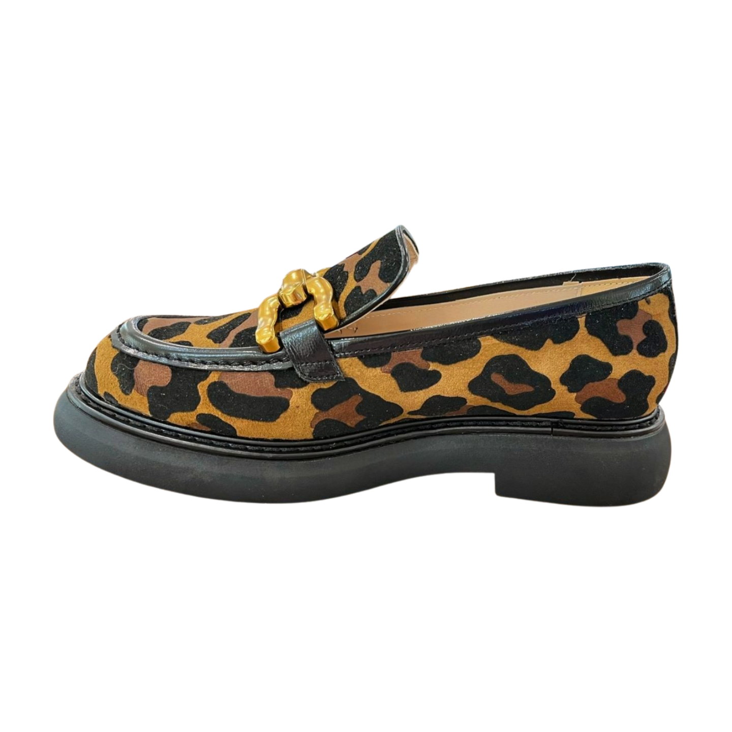 MARIAN Women's Leopard Print Chunky Heel Loafers with Gold Bit Detail - Stylish Slip-On Shoes for Work, Office & Casual Outfits