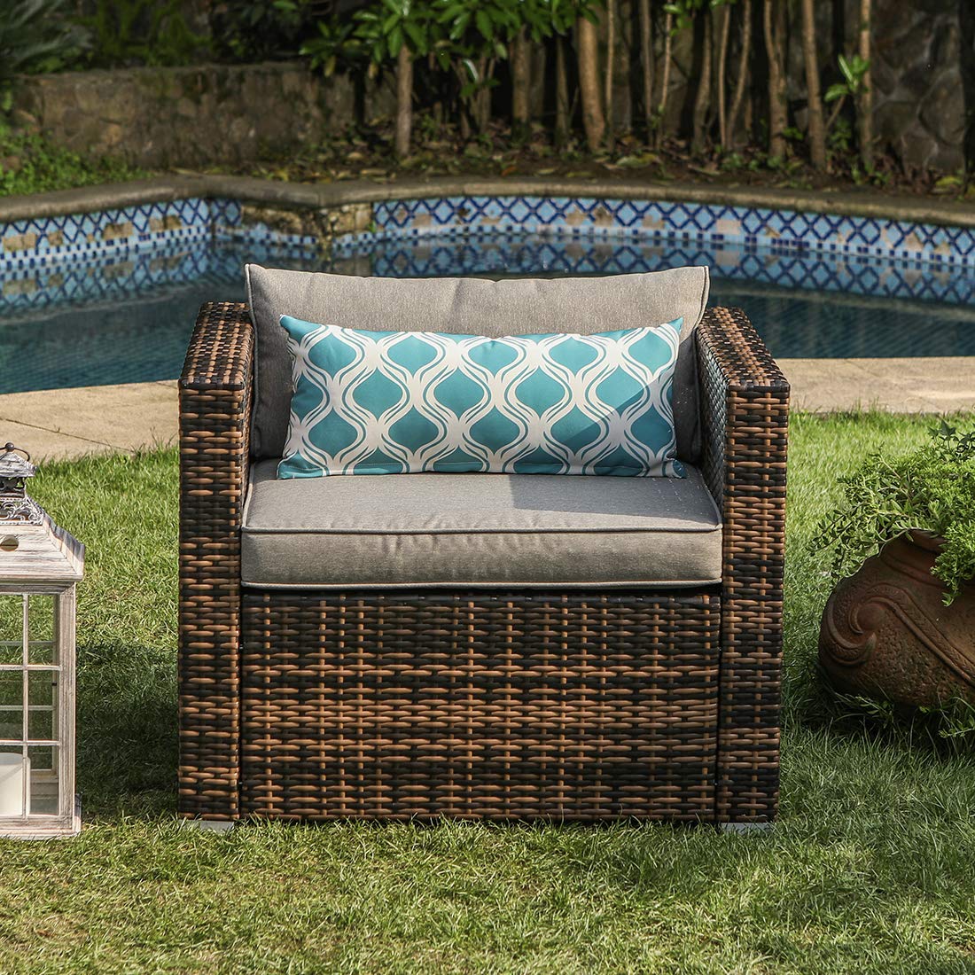All-Weather Mottlewood Brown Wicker Patio Chair with Thick Gray Cushions & Teal Pattern Pillow - Durable Outdoor Furniture for Garden, Poolside, and Deck Relaxation