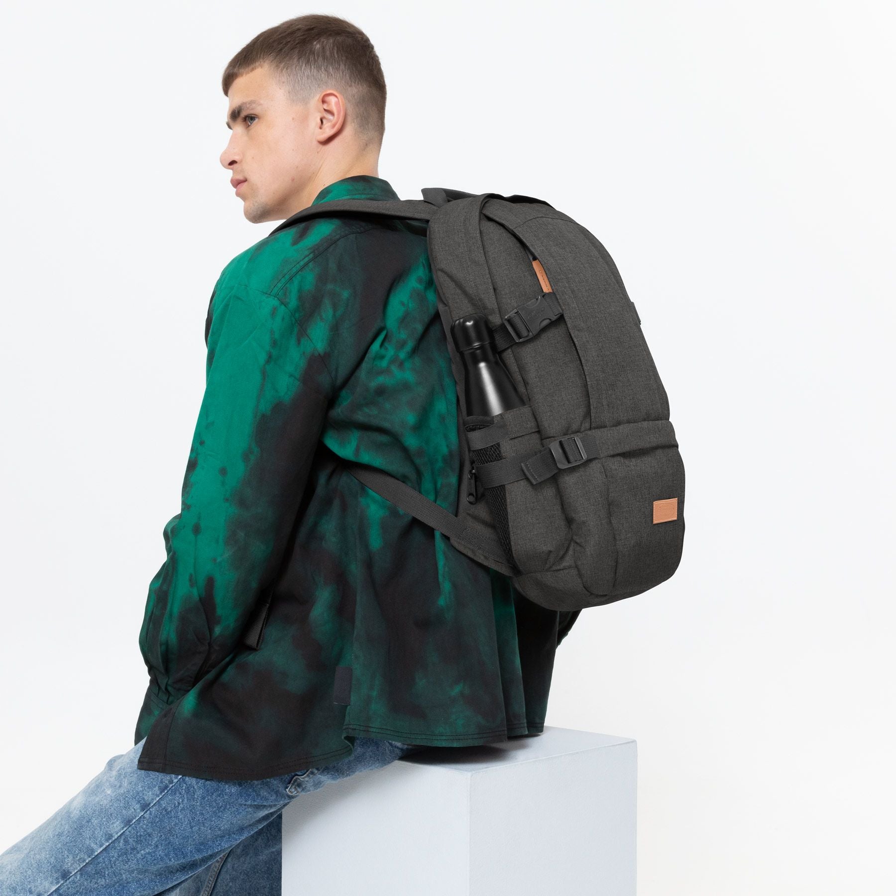 Eastpak Floid CS Backpack - Stylish Black Denim Laptop Bag for School, College & Travel | Durable 17-Inch Laptop Backpack with USB Charging Port