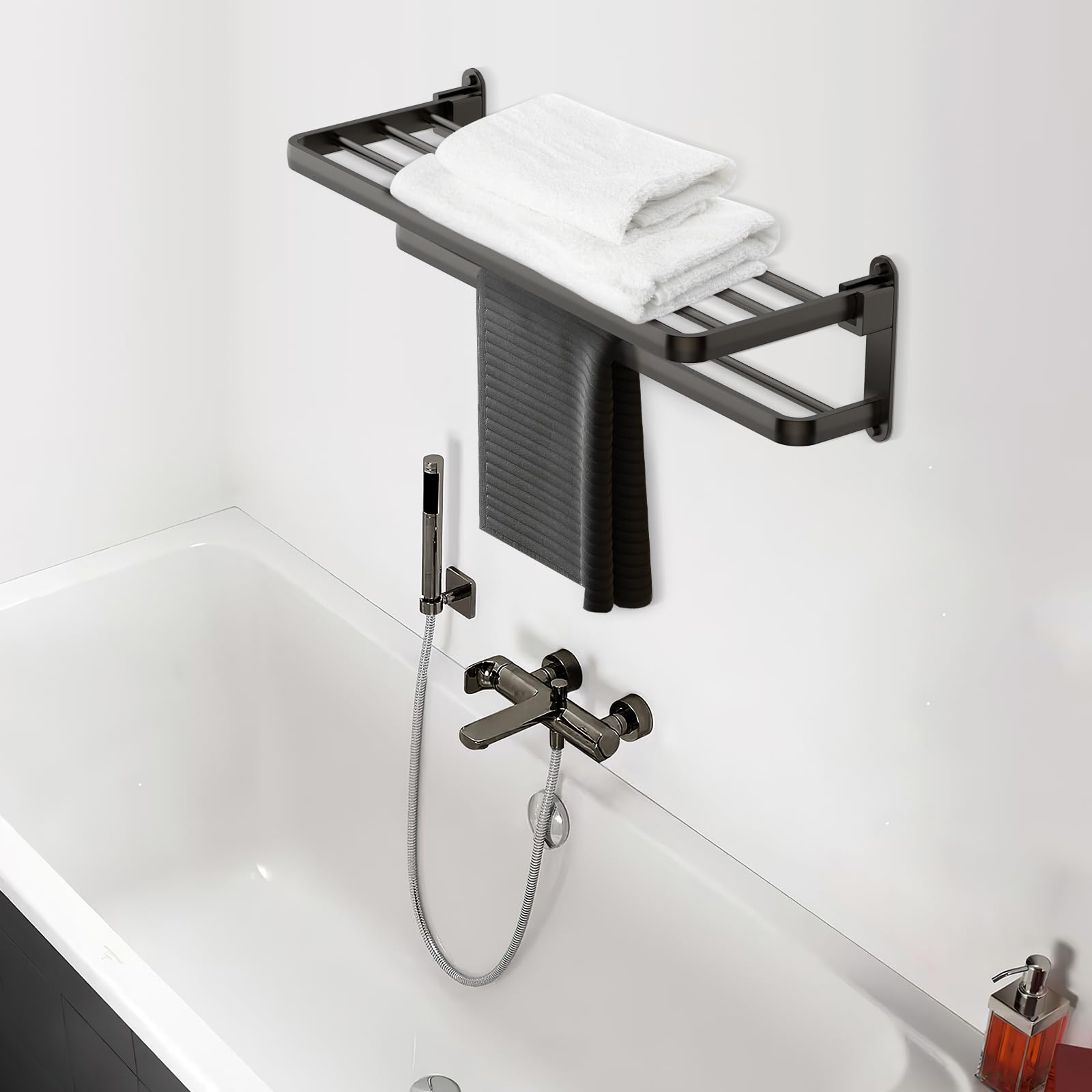 BOZWELL 20-Inch Modern Gray Bathroom Towel Rack with 2 Bars & Shelf - Space-Saving Wall Mounted Towel Holder for Bath, Kitchen, Laundry Room Organization
