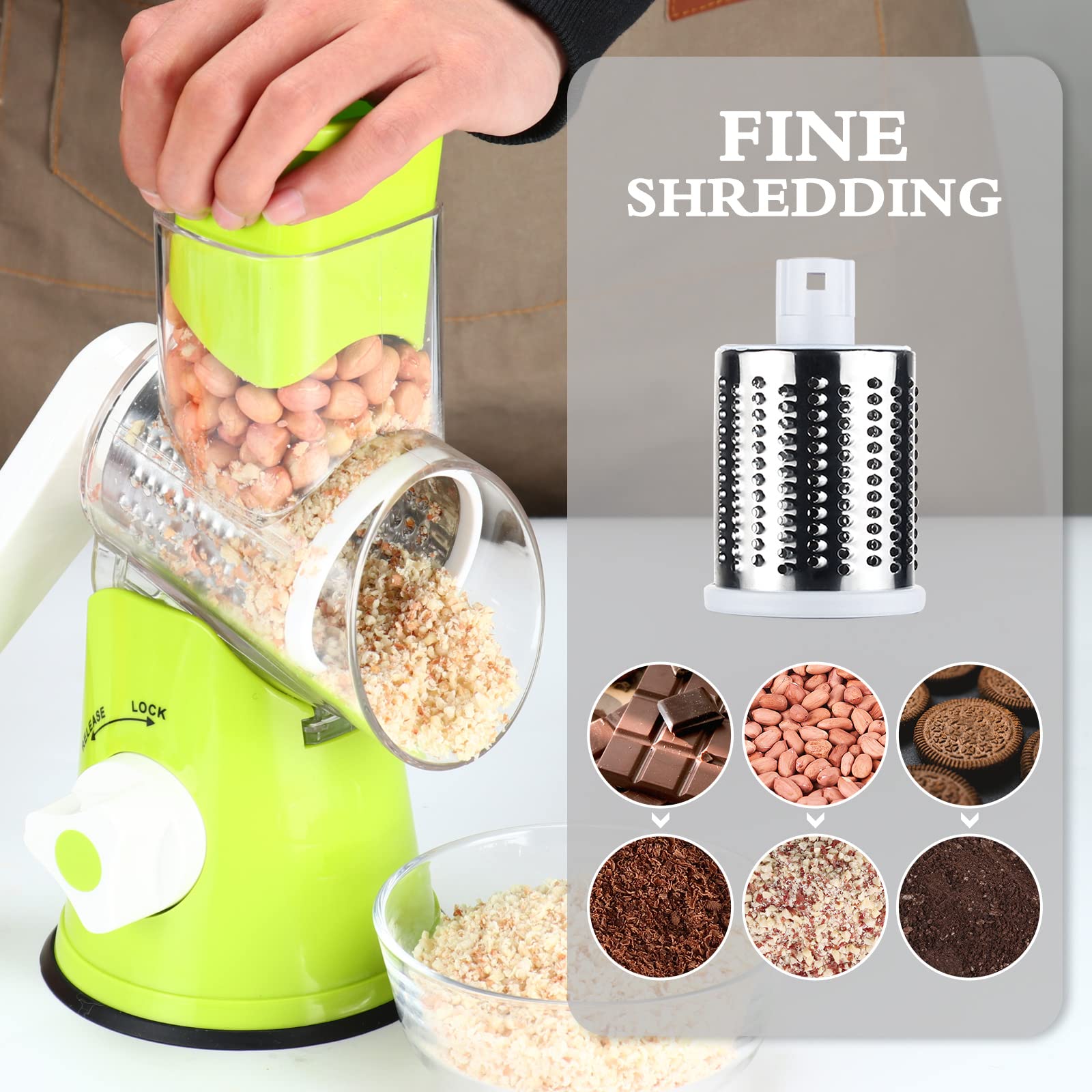 Premium Rotary Cheese Grater Shredder - 3 Interchangeable Blades for Cheese, Nuts, Carrots, Potatoes & More | Manual Round Mandolin Slicer with Safety Guard | Ideal for Kitchen, Camping & Meal Prep (Green)