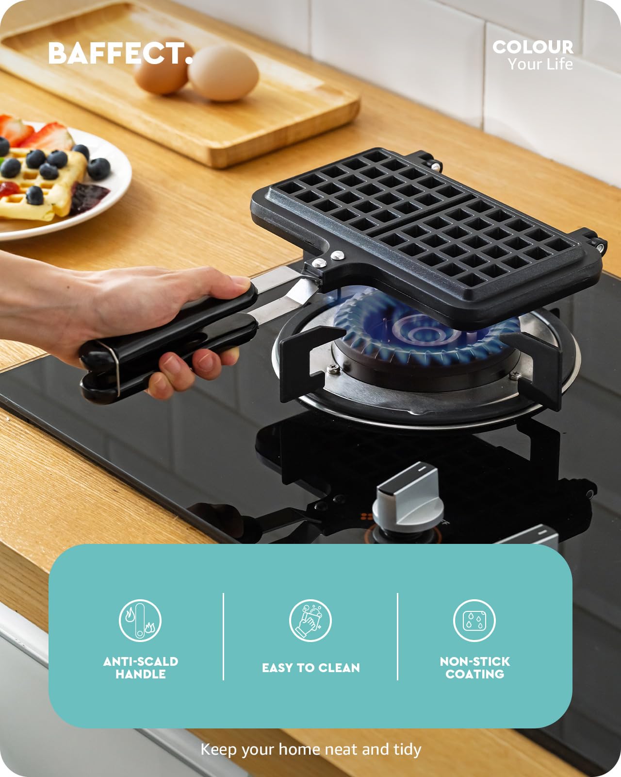 Baffect 5.7 Inch Non-Stick Cast Aluminum Stovetop Waffle Maker - Portable Camping Waffle Iron Pan for Family Breakfast, Baking & Outdoor Cooking - Perfect for RV Trips, Picnics & Home Use