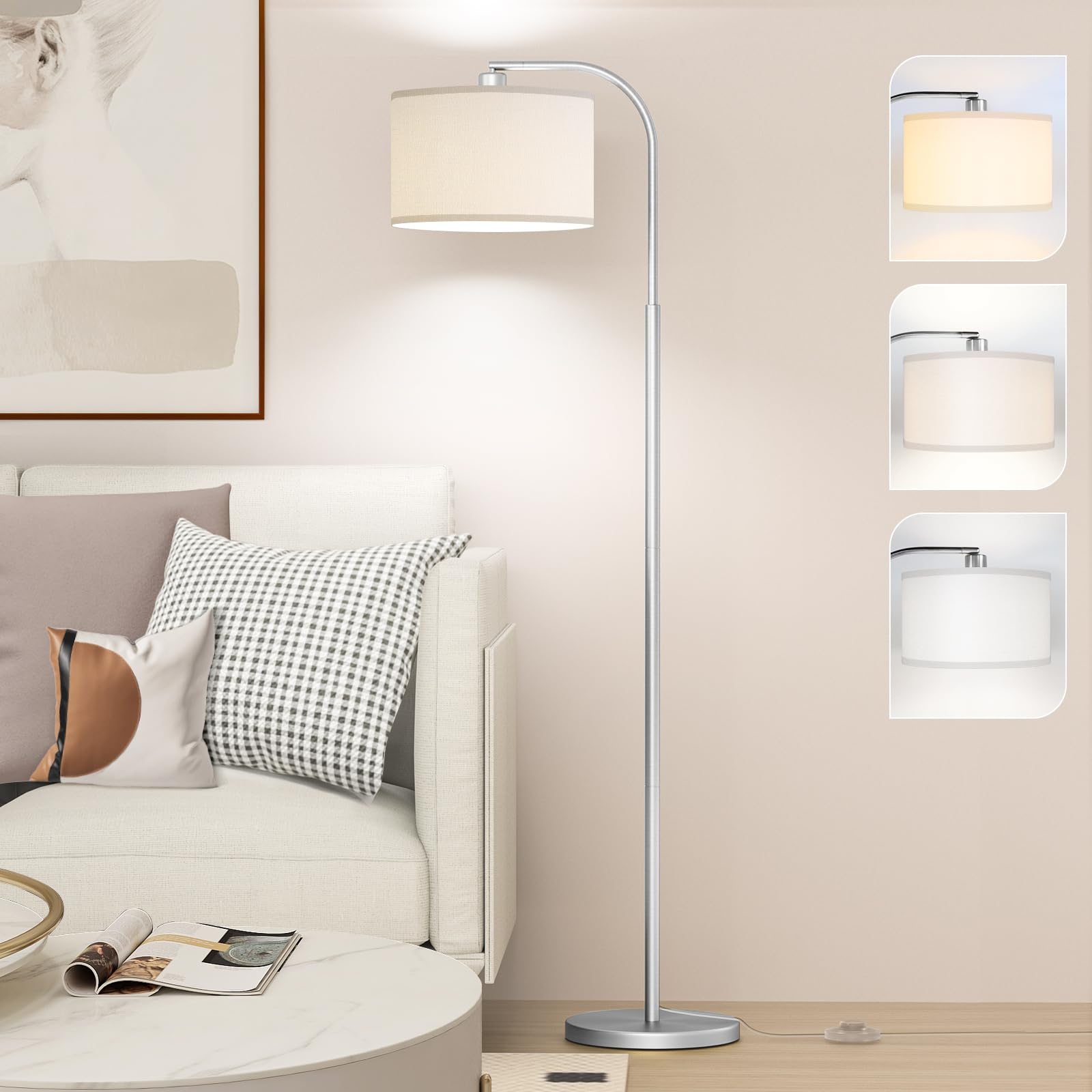 Modern Arc Floor Lamp with 3 Color Temperatures & Adjustable Shade - 9W LED Bulb Included - Standing Light for Living Room, Bedroom, Office - Silver Finish - Perfect for Reading, Working & Ambient Lighting