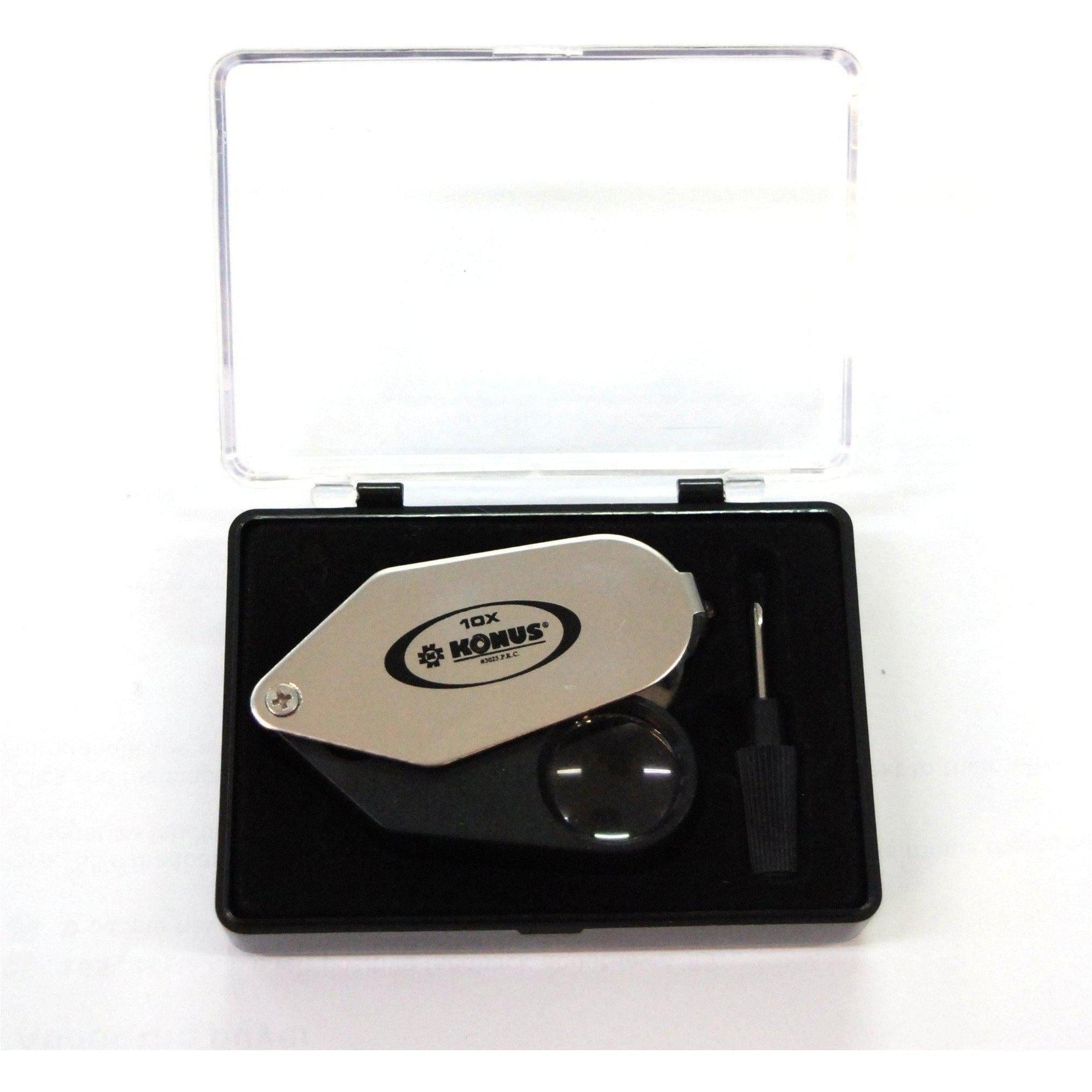 Konus 10X LED Folding Magnifier - High Power Illuminated Magnifying Glass for Reading, Jewelry Inspection, Coin Collecting & Hobby Work | Portable Hands-Free Magnifier for Crafts, Stamps & Close-Up Work