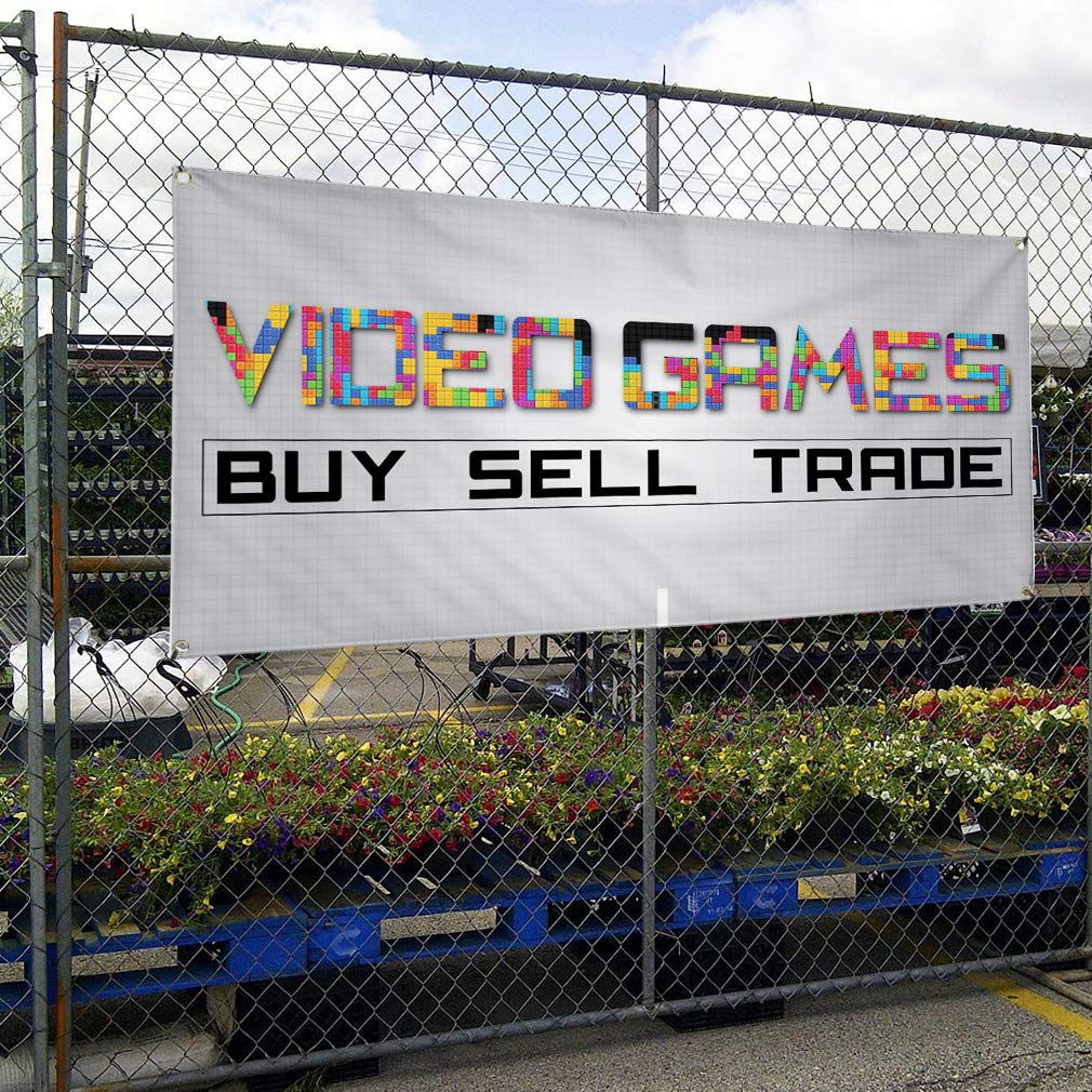 Durable 24x36 Inches Vinyl Banner with 4 Grommets - Weatherproof Outdoor Business Sign for Video Game Trade, Buy & Sell - Perfect for Yard Sales, Retail Stores & Industrial Use