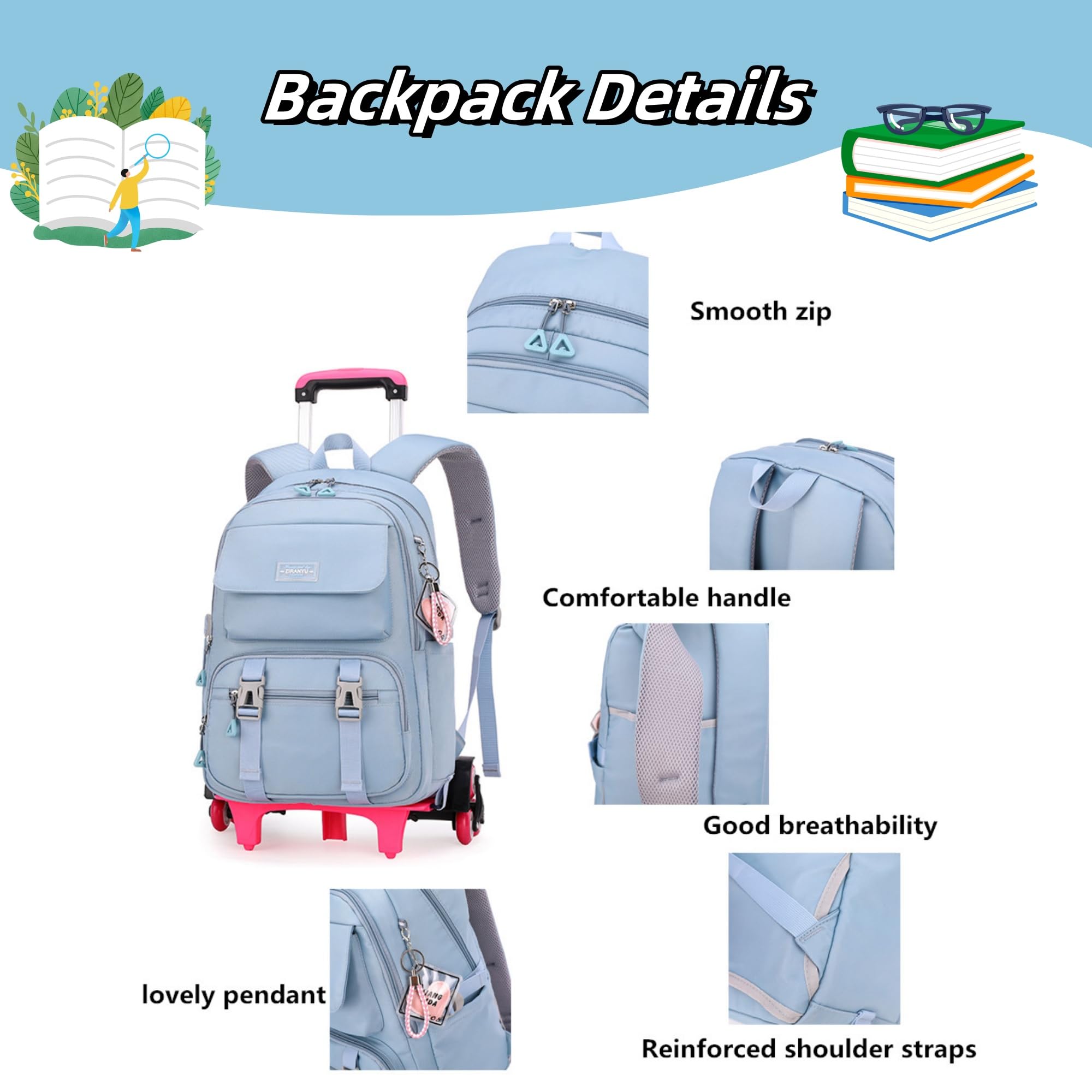 Rolling Backpack with Wheels - Travel Trolley Bag for Kids & Teens - School & Outings