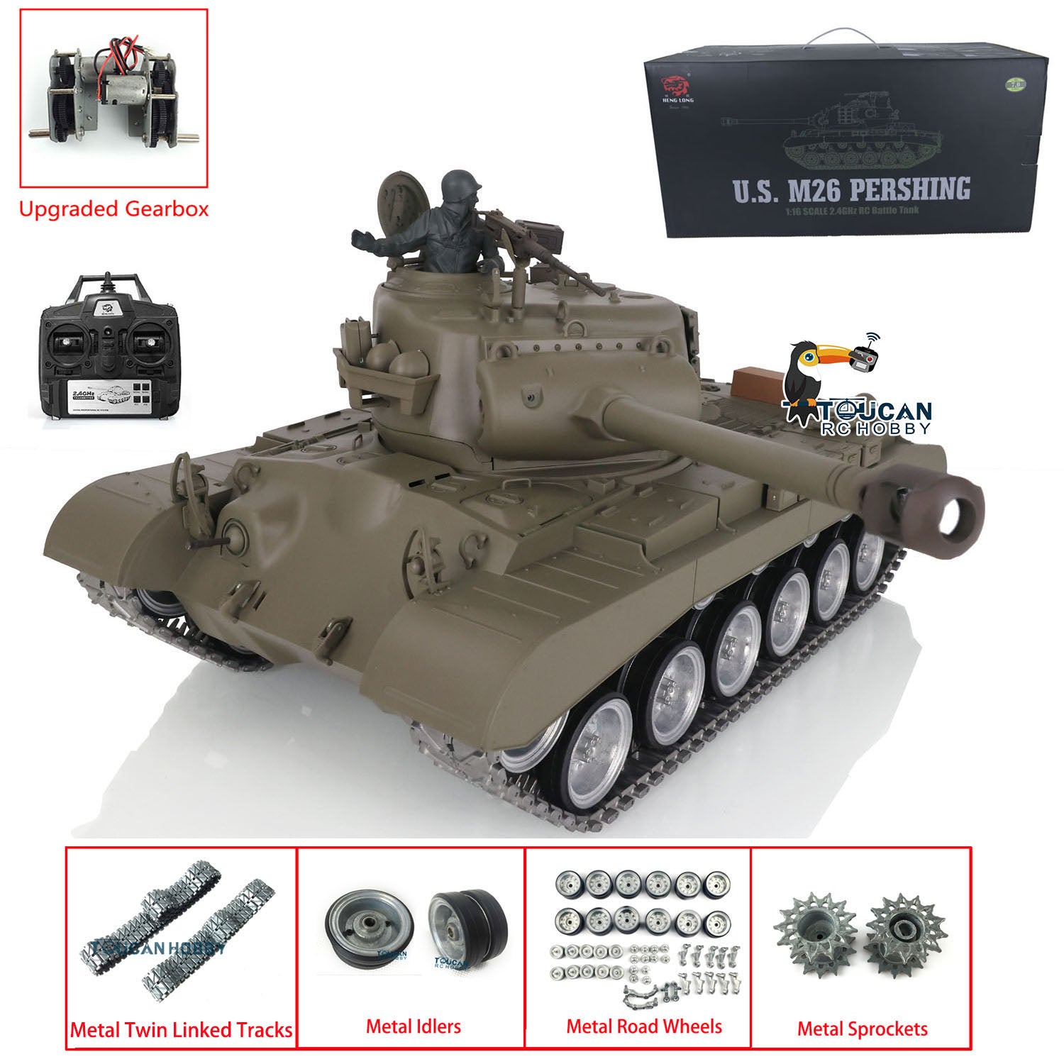 Henglong 1/16 Scale 7.0 M26 Patton RTR RC Tank Model 3838 with Metal Tracks, Double Rubber Pads, 360° Rotating Turret & Metal Road Wheels - Remote Control Military Vehicle for Outdoor Battles & Collectors Display