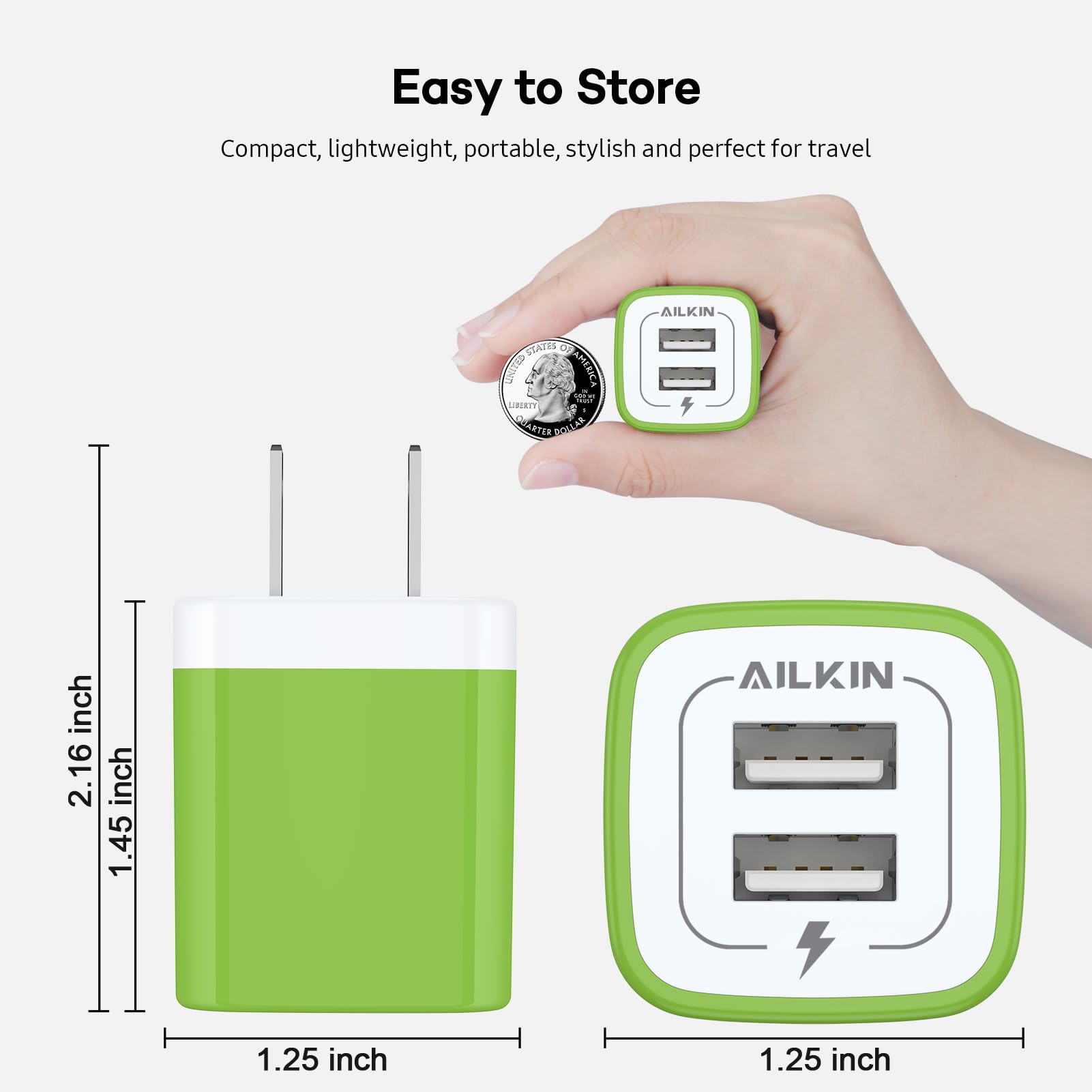 [2-Pack] AILKIN 2.1A Dual Port USB Wall Charger - Fast Charging Block Plug Power Adapter for iPhone 16/15/14/13/12/11/XS/XR, Google Pixel 9/8/7/6, Samsung Galaxy - Perfect for Home, Office & Travel Charging Needs