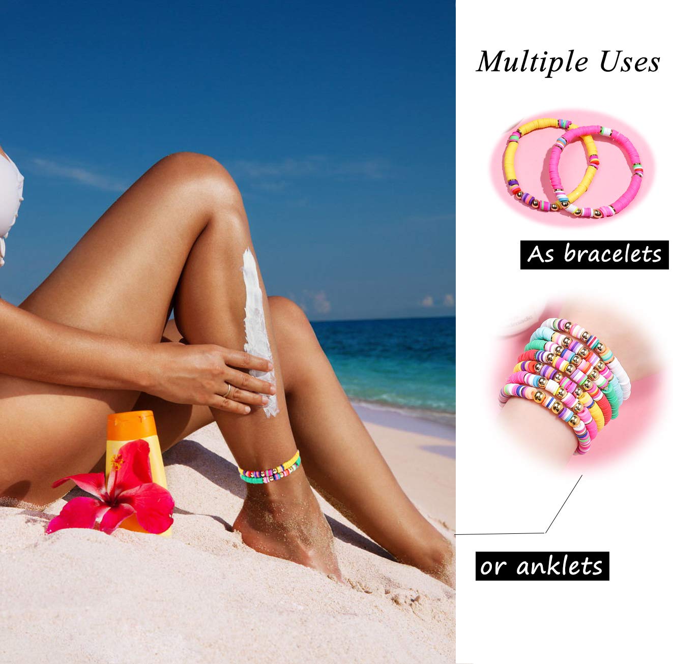 6PCS Handmade Colorful Sliced Clay Bracelets for Women - Stackable Rainbow Vinyl Disc Bead Stretch Bracelets Set - Plastic Summer Wristbands for Casual Wear, Beach Parties & Festival Accessories