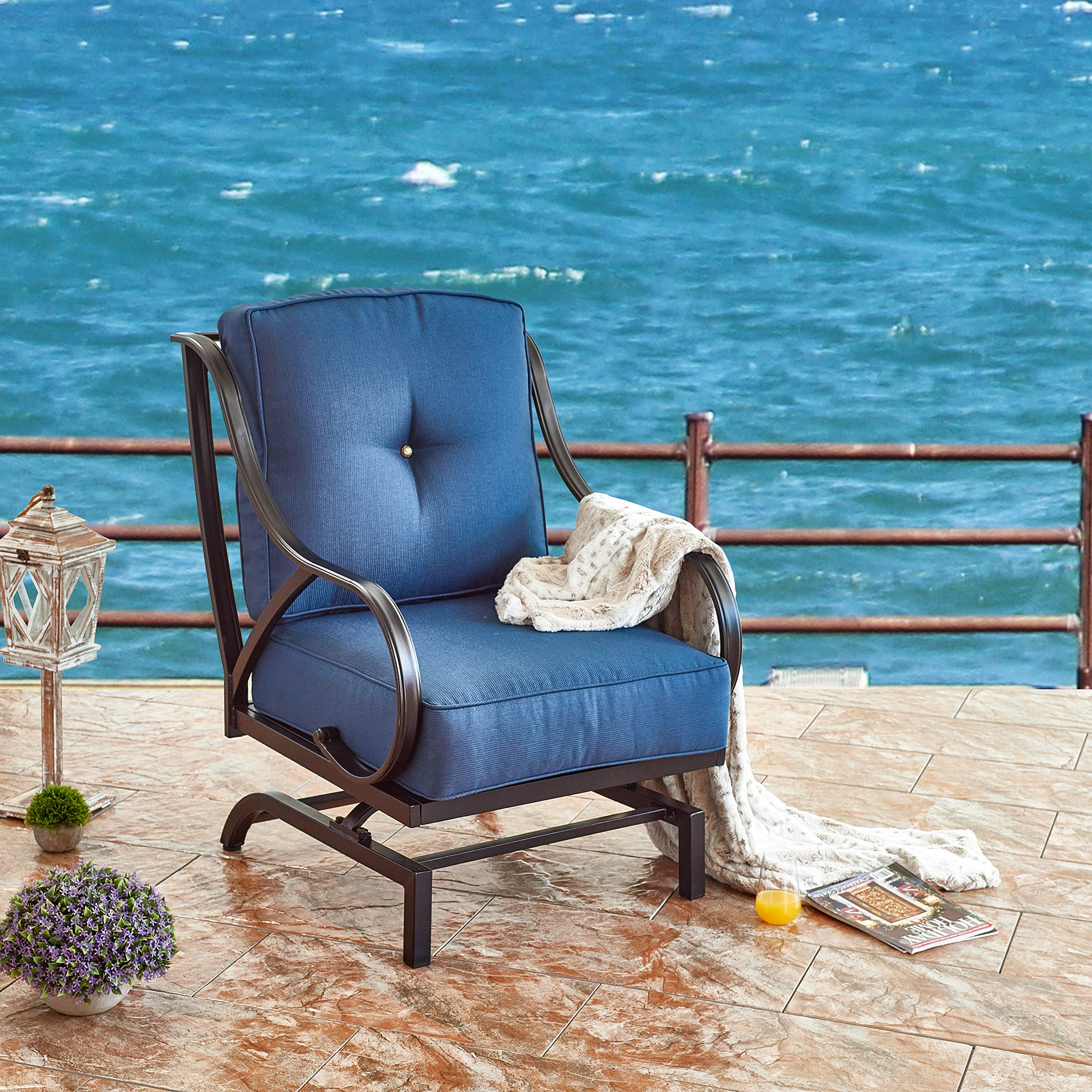 LOKATSE HOME Outdoor Bistro Chair - Wrought Iron Patio Furniture with Thick Cushions & Curved Armrests - Weather-Resistant Metal Conversation Armchair in Blue - Perfect for Garden, Deck, Poolside & Outdoor Dining Areas