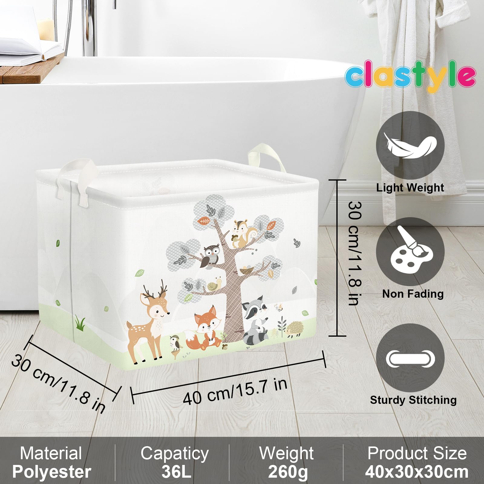 Clastyle 36L Large Collapsible Woodland Animal Nursery Storage Basket - Fox, Deer & Squirrel Design Baby Organizer with Handle for Books, Toys, Clothes & Towels | Perfect for Nursery, Playroom & Kids' Room Decor