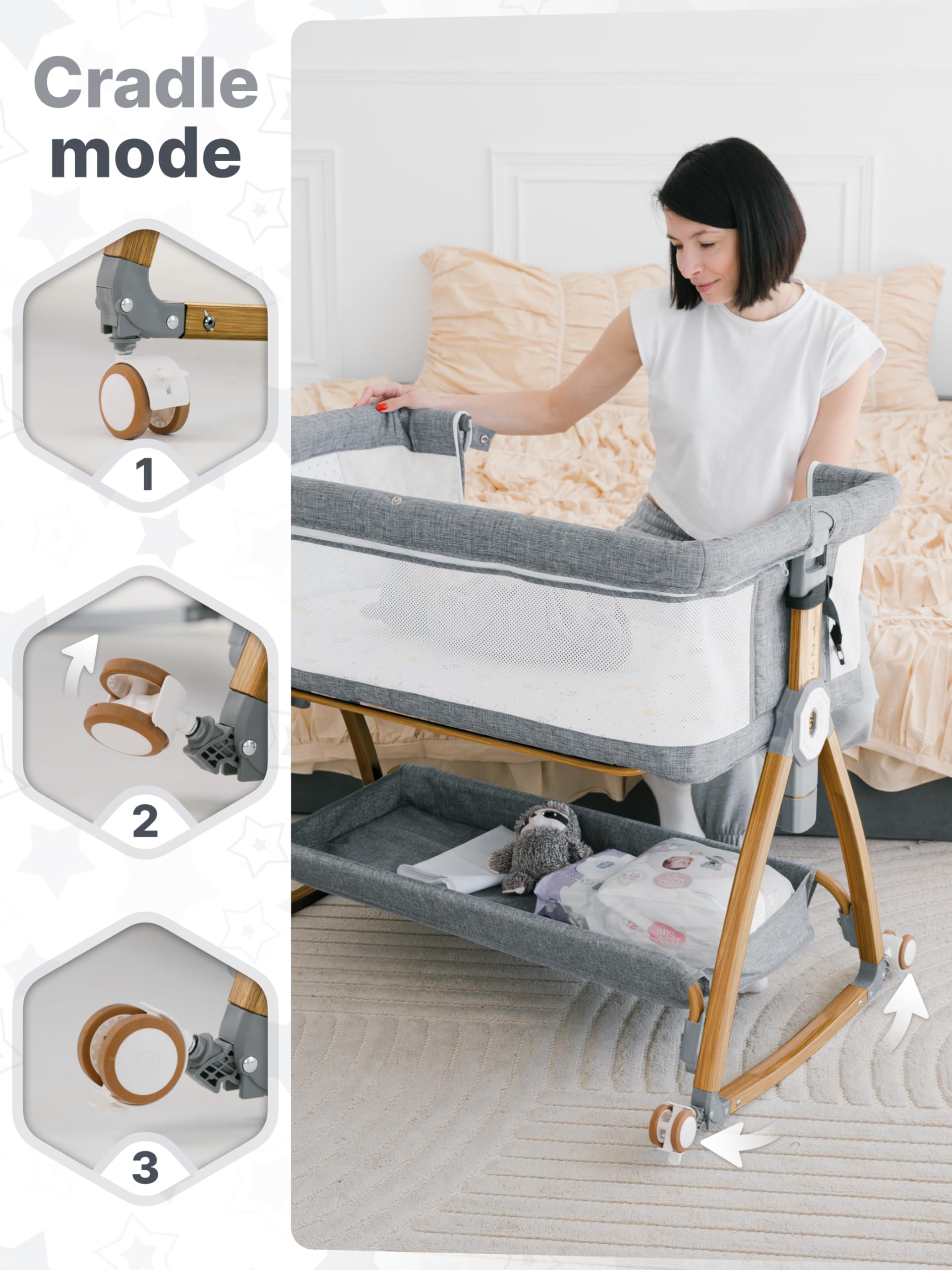 **Portable Baby Rocking Bassinet Bedside Sleeper - Adjustable Height Mesh Crib for Safe Co-Sleeping, Storage Basket & Wheels, Includes Travel Bag & Mosquito Net (Wood Grain, Grey) – Perfect for Nursery, Travel & Bedside Sleeping**