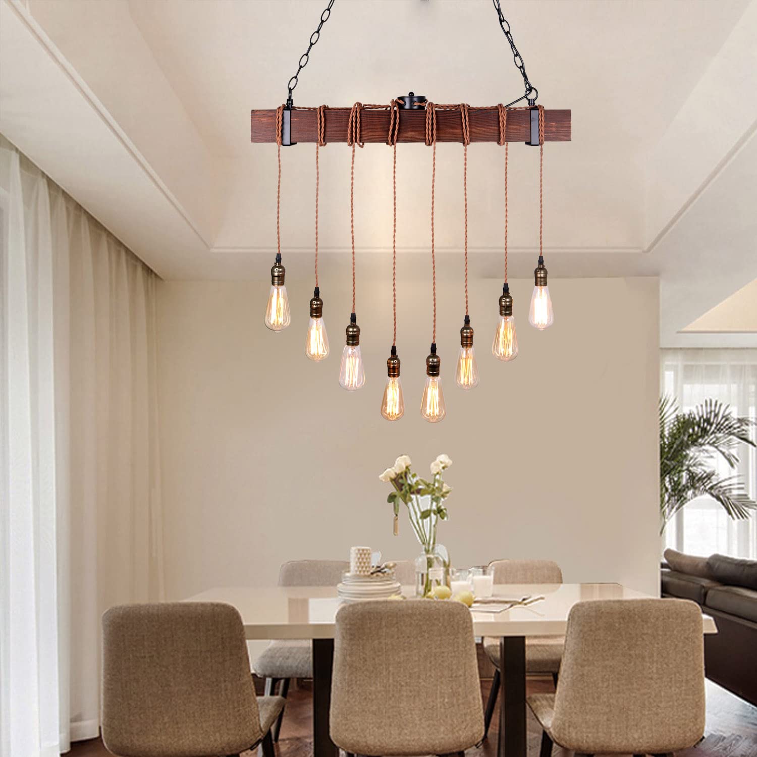 Farmhouse Pendant Lights for Kitchen Island - Rustic Dining Room Ceiling Light Fixture with 8 E26 Bulb Sockets - Black Metal & Wood Beam Hanging Lights - Perfect for Farmhouse, Industrial, and Modern Home Decor