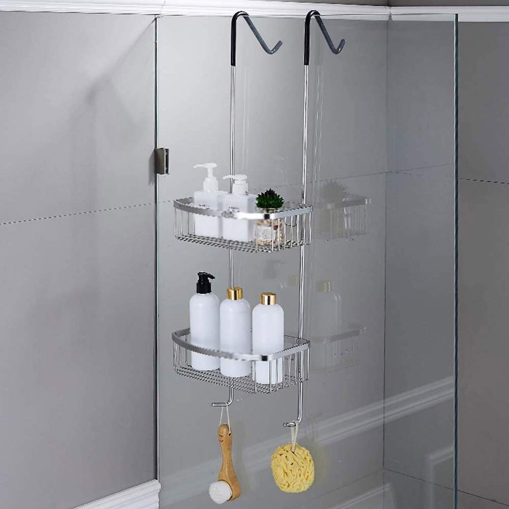 Stainless Steel Wall Mounted Bathroom Shower Rack - Double Hanging Basket for Glass Door, Multifunctional Storage Organizer for Shampoo, Soap & Towels - Perfect for Small Bathrooms & Showers