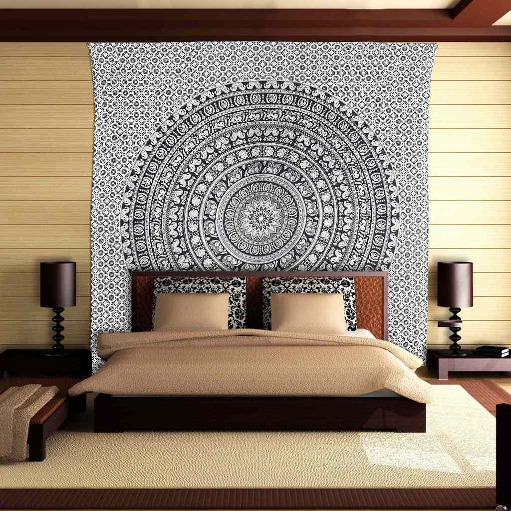White and Black Mandala Tapestry Queen Size - Cotton Printed Wall Hanging, Bed Throw, Room Divider & Home Decor for Bohemian Bedroom, Dorm, Yoga Studio & Meditation Space