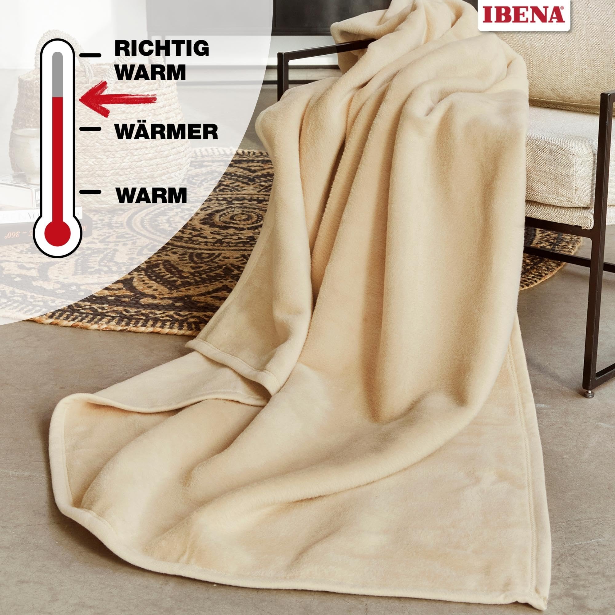 IBENA Soft Plush Solid Color Cotton Blend Queen Size Bed Blanket - Cream | Cozy All-Season Blanket for Bedroom, Sofa & Travel Use