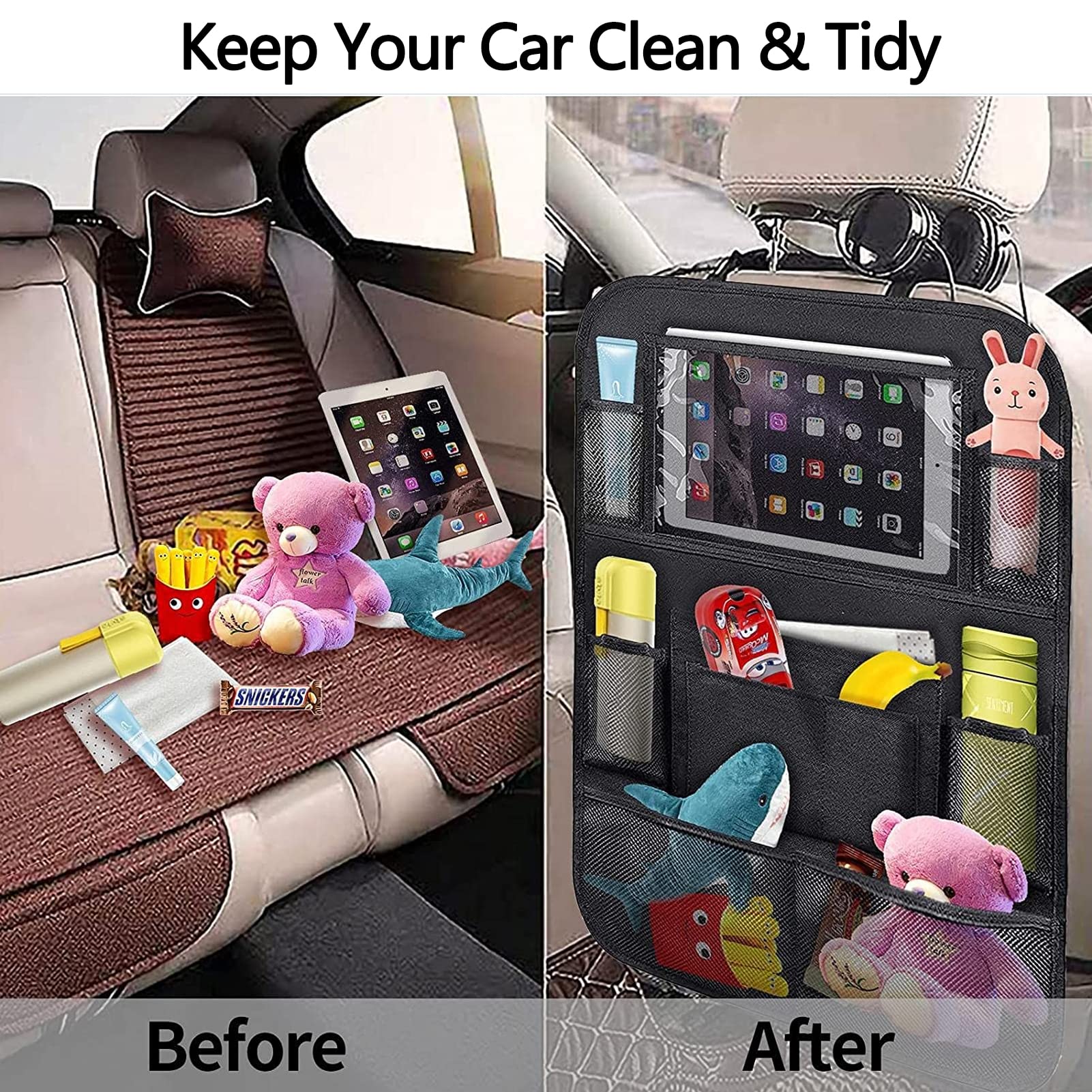 FYY 2-Pack Backseat Car Organizer for Kids with Tablet Holder & Kick Mat - Hanging Organizer for Toys, Books, Bottles - Perfect for Road Trips & Family Travel (Black)