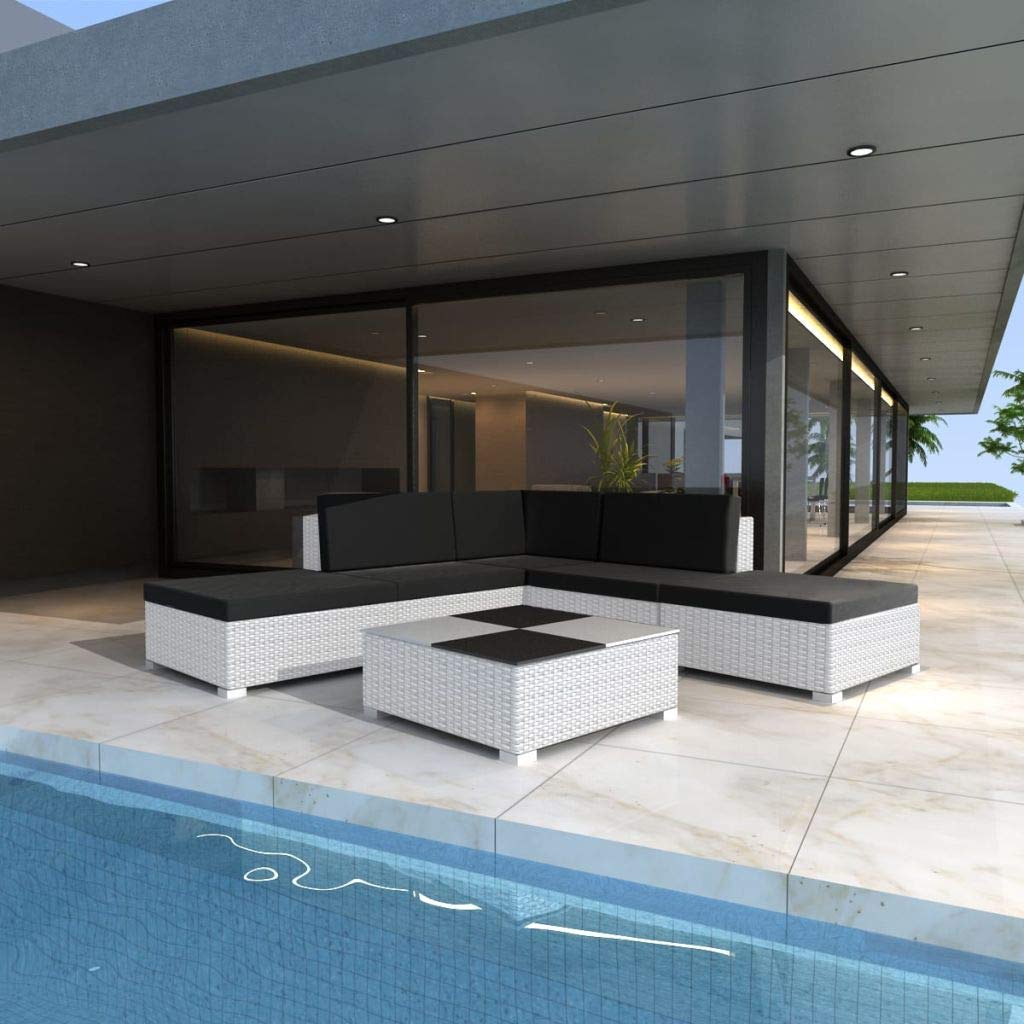 HLLNME 6-Piece White Outdoor Patio Furniture Set - Wicker Rattan Sectional Sofa with Cushions, Pillows & Glass Coffee Table - Perfect for Backyard, Garden, Poolside & Deck Relaxation