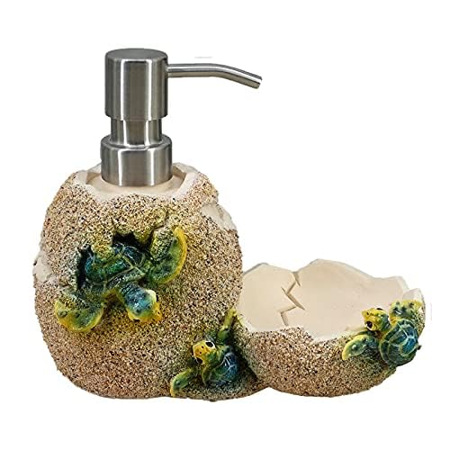 YHHRESINKING Sea Turtle Dish Soap Dispenser with Sponge Holder - Decorative Resin Baby Turtle Sink Organizer for Bathroom, Kitchen & Shower - Soap Tray & Sponge Storage Container (Blue) - Perfect for Beach House Decor & Coastal Themed Homes