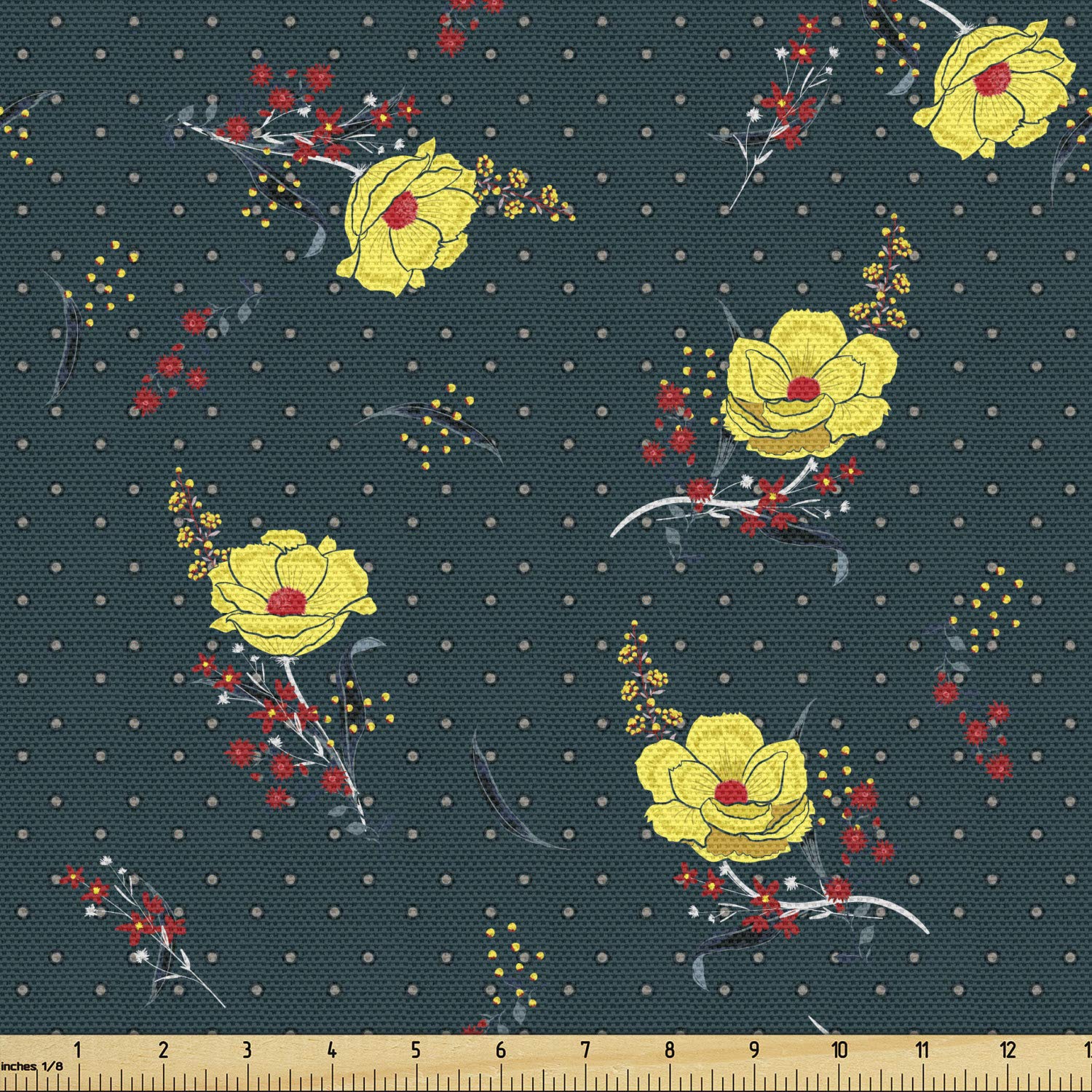 Ambesonne Floral Fabric by The Yard - Nature Style Spring Blooms with Polka Dots Retro Design, Decorative Upholstery Fabric for Sofa, Curtains, Pillows & Home Decor (10 Yards, Hunter Green & Yellow) - Perfect for DIY Projects, Crafting & Home Accents