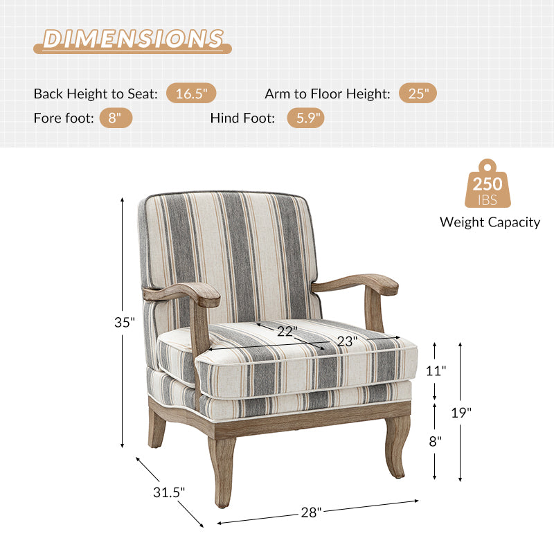 Randolph Romantic Upholstered Stripes Armchair with Solid Wood Armrests - Comfortable Living Room Accent Chair for Home Decor & Relaxation