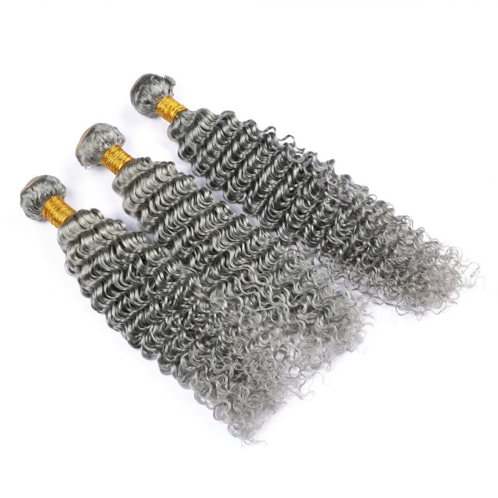 Premium 3-Piece Silver Gray Deep Wave Human Hair Extensions | Virgin Brazilian Hair Wefts (14