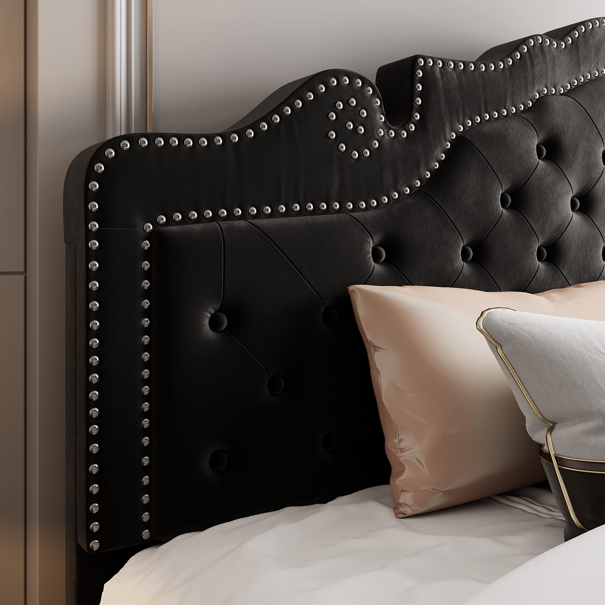 Allewie King Size Platform Bed Frame with Adjustable Velvet Tiara Headboard - Upholstered Diamond Button Tufted Design, Wood Slat Support, No Box Spring Needed - Easy Assembly Mattress Foundation in Black | Perfect for Master Bedrooms & Modern Home Decor