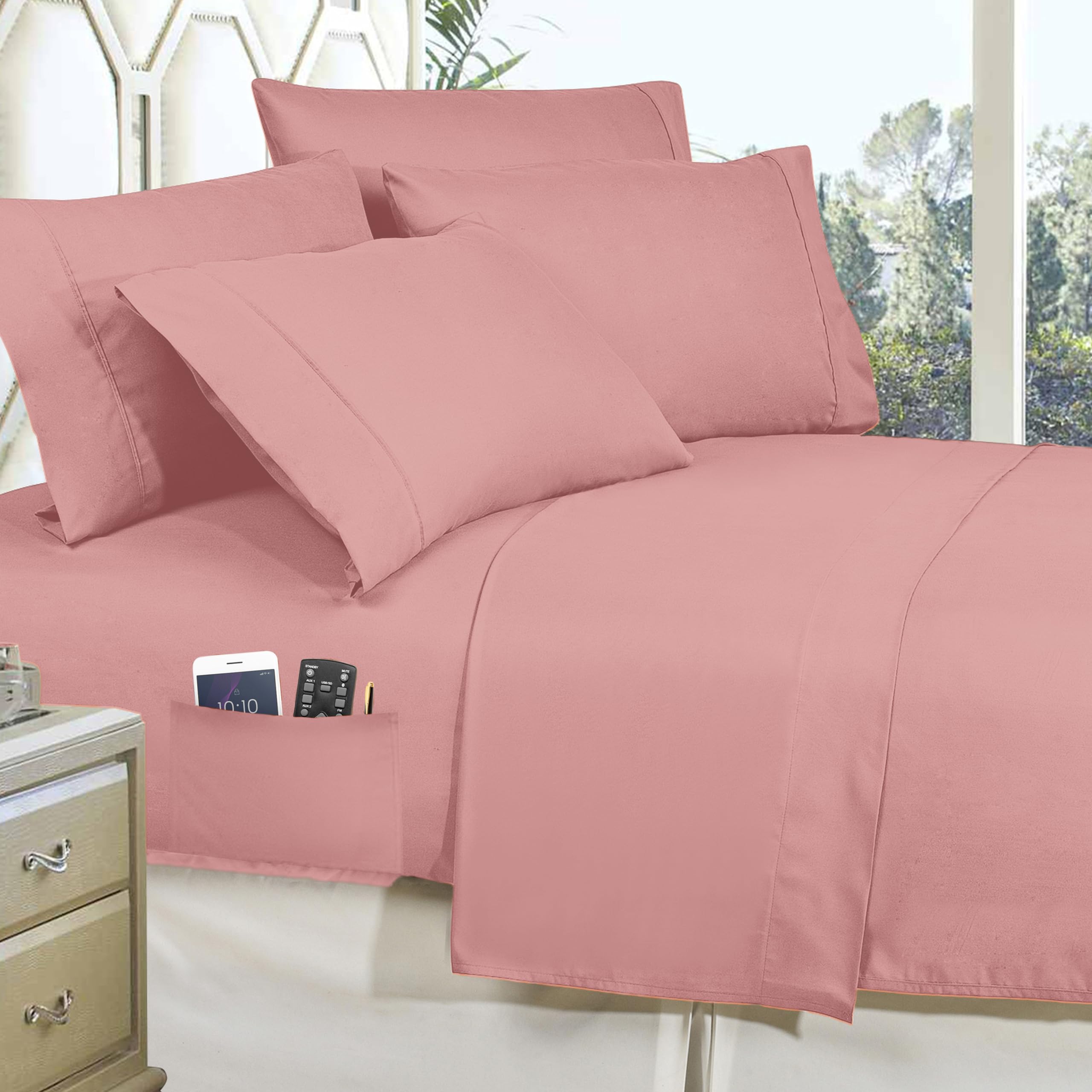 Luxury 6-Piece Comforter Set - Ultra Soft Bed in a Bag with Double Sided Storage Pockets, Twin/Twin XL, Dusty Rose | Perfect for Guest Rooms, Dormitories & Cozy Bedroom Decor