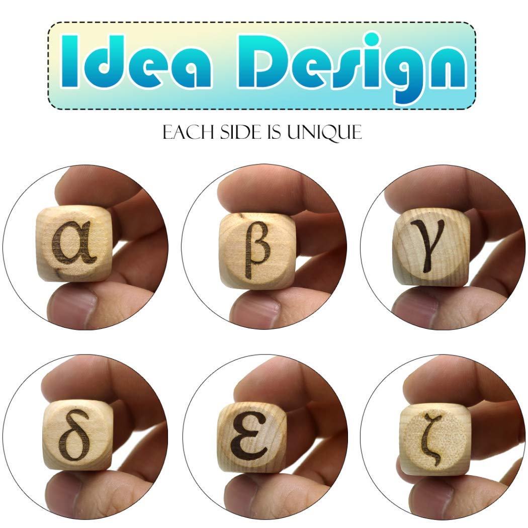 20MM Wooden Dice Set - Greek Alphabet Pattern, 6-Piece Creative Wood Rolling Dices for Board Games, Party Decider, D&D, Tabletop RPG Accessories - Perfect for Game Nights & Roleplaying Adventures