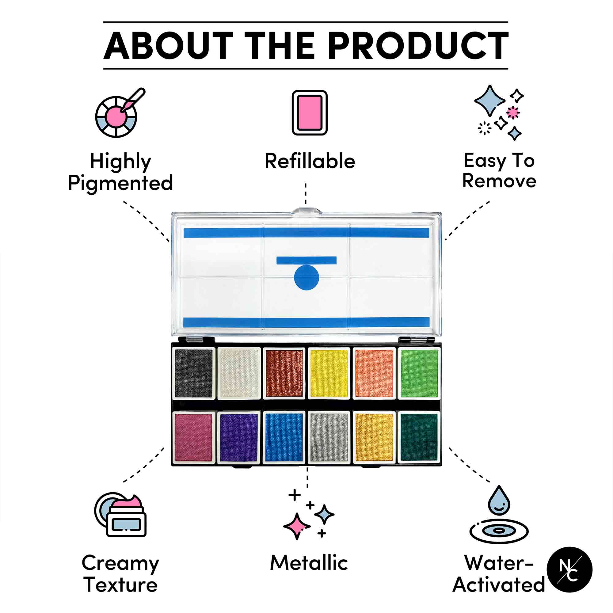 12-Color Metallic Water Activated Face & Body Paint Palette - Perfect for Halloween, Cosplay, Face Painting & Artistic Designs