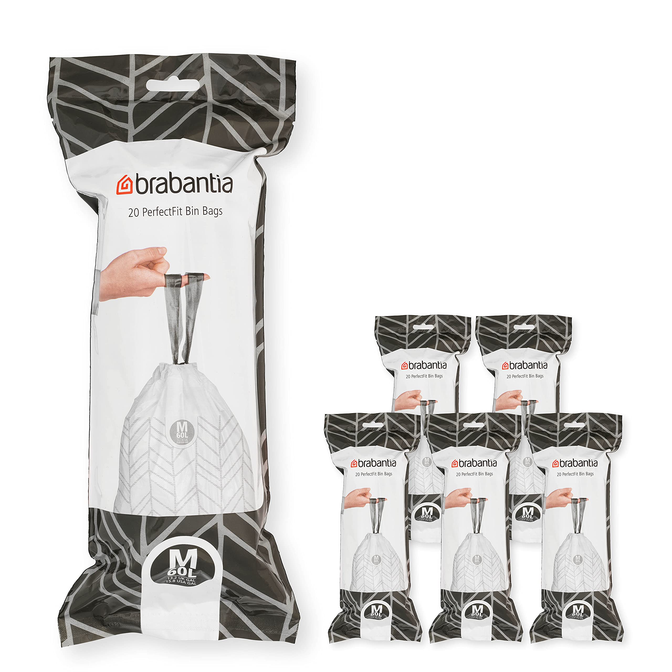 Brabantia PerfectFit Trash Bags - Medium 16 Gallon Heavy Duty Drawstring Trash Can Liners (120 Count) - Ideal for Kitchen, Bathroom & Office Waste Disposal