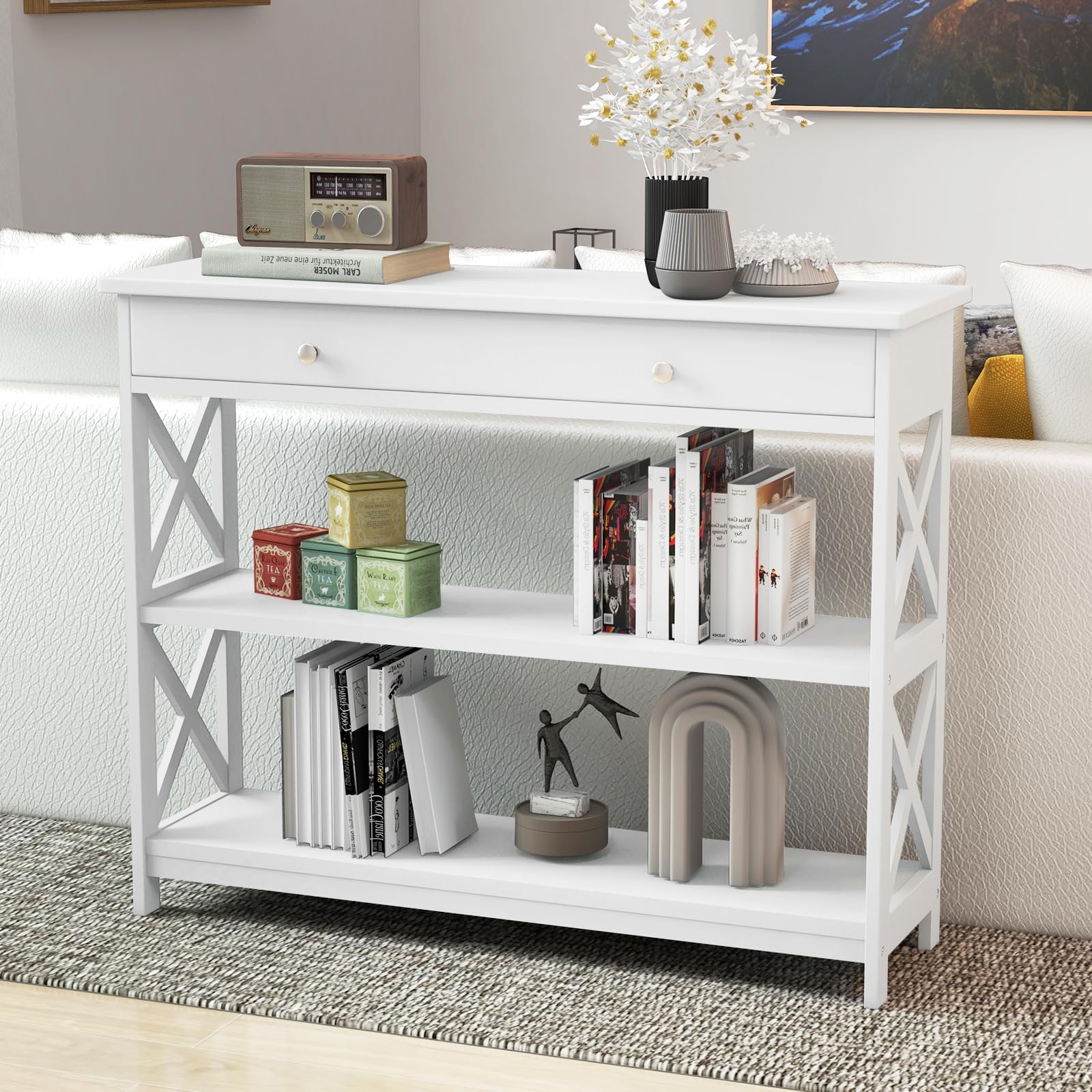 GOFLAME 3-Tier Narrow Sofa Table with Large Drawer & 2 Open Shelves, Modern Wooden Console Table for Entryway, Hallway & Living Room - Stylish Storage Solution for Small Spaces (White) | Perfect for Organizing Keys, Decor & Essentials in Compact Areas